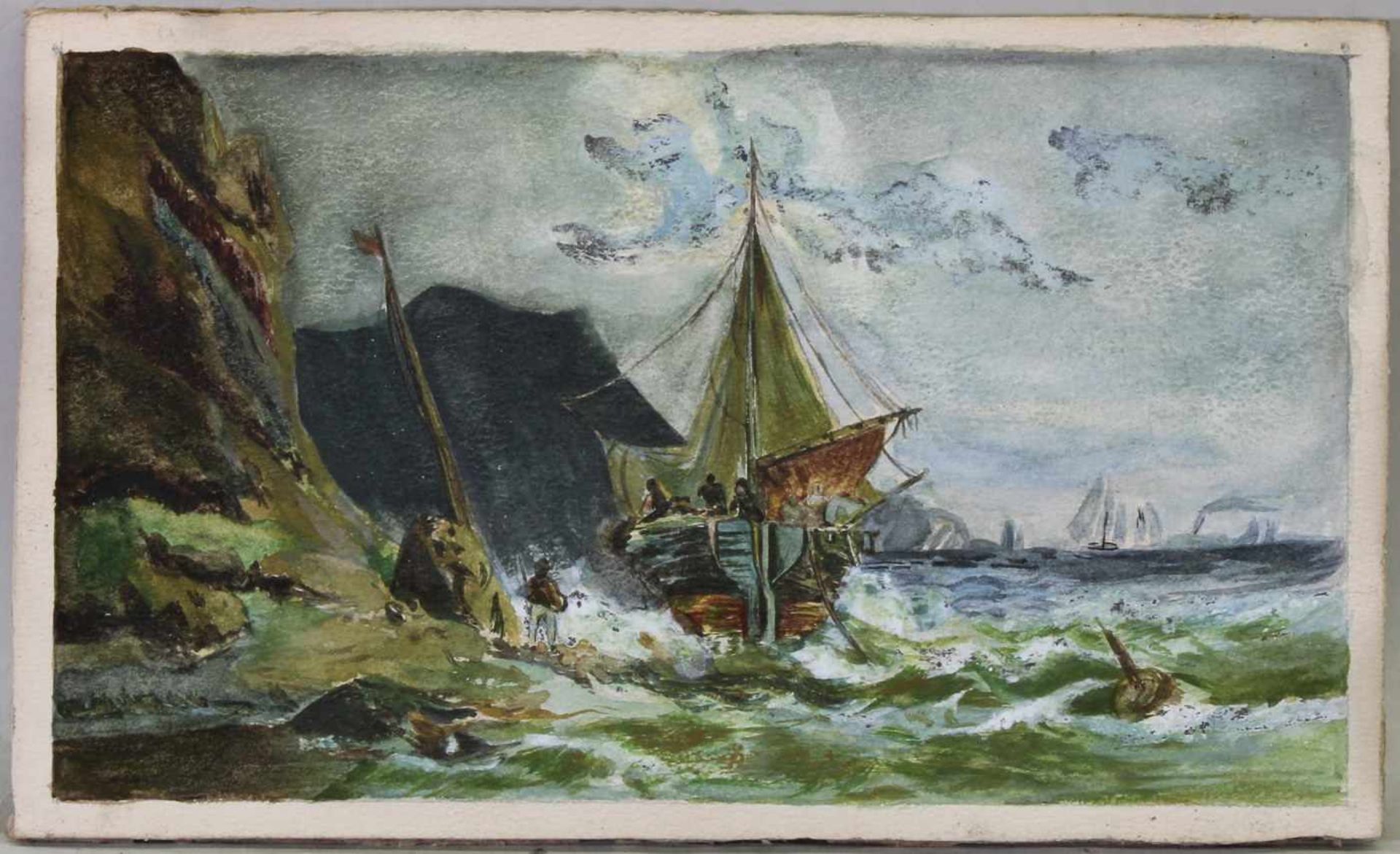 Unbekannter Künstler (19. Jh.), Gouache, auf Papier, auf Karton, "Schiffe an der Küste", - Image 3 of 5