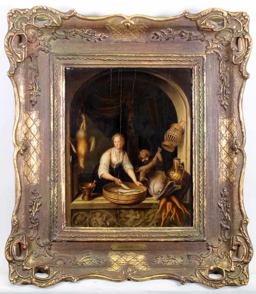 Dou, Gerrit (1613-1675), nach, "Fensternische mit einer Fischverkäuferin", Öl auf Holz, bezeichnet - Image 2 of 5