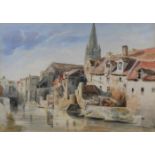 Wohl Englischer Maler (19. Jh.), 2 Aquarelle, "Ansicht einer belgischen Kleinstadt"", "Waschtag in