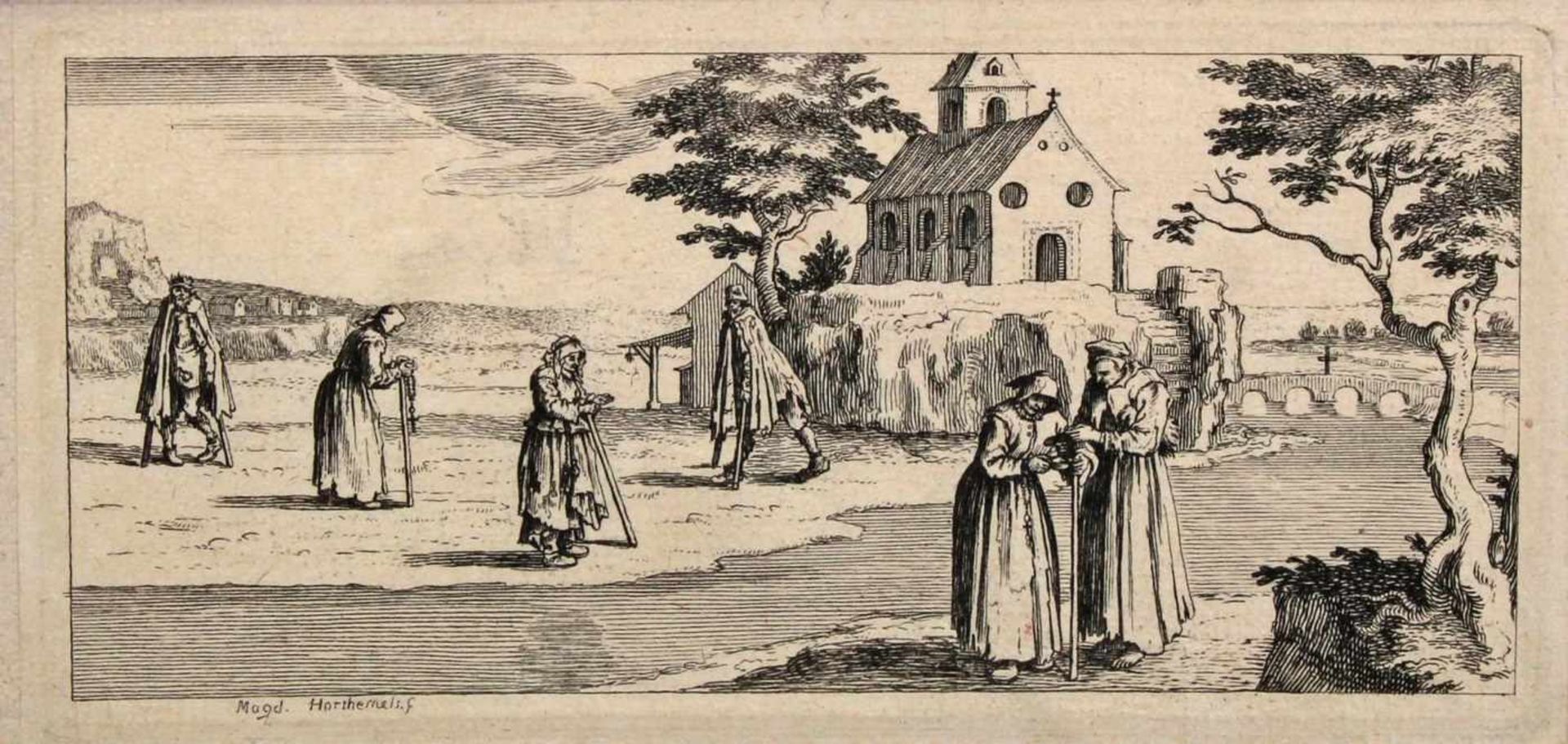 Konvolut, 5 Radierungen, o.R.: 2x "Bettlerszenen", Louise-Magdeleine Horthemels, in der Platte - Image 2 of 5