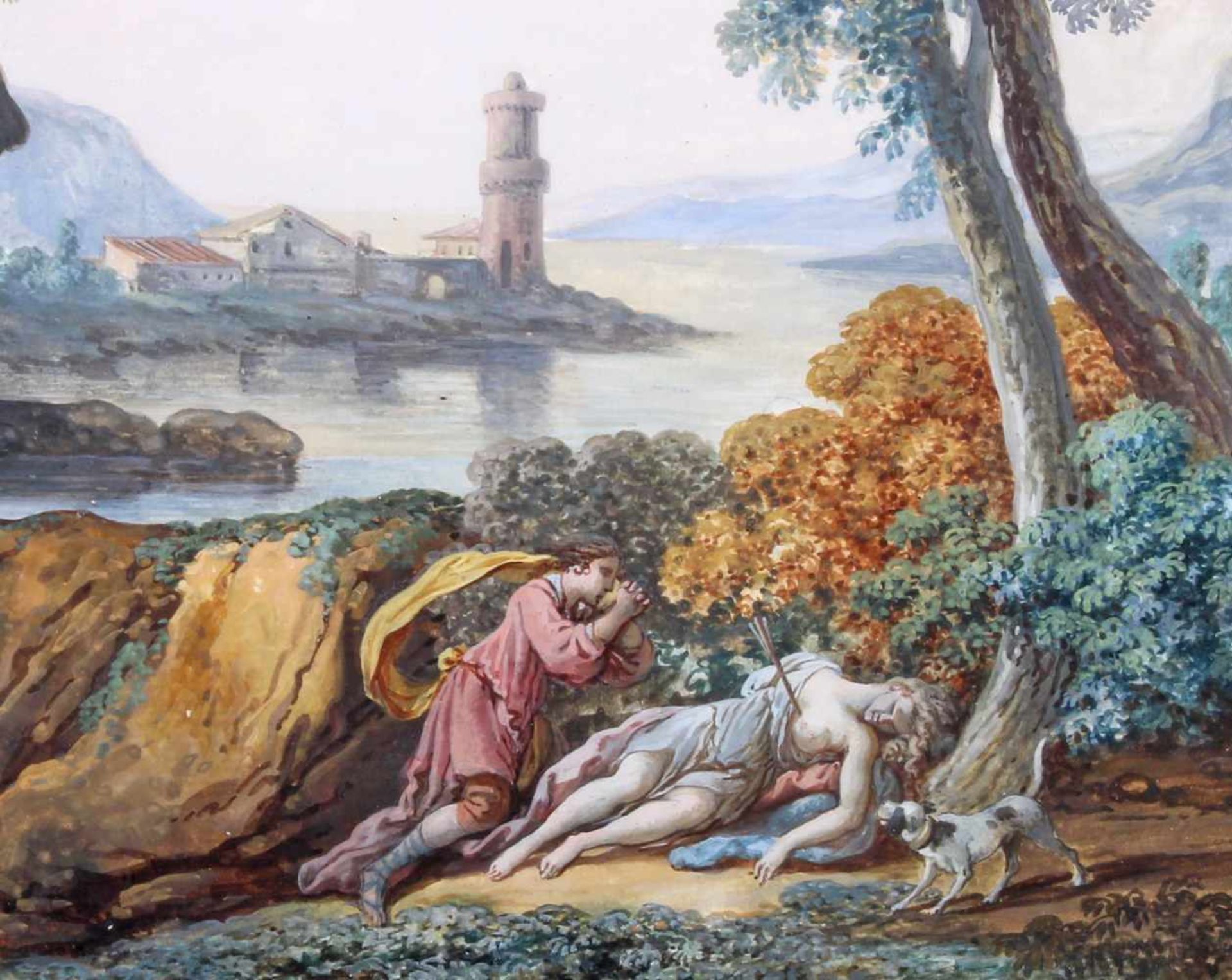 Italienischer Aquarellist (18. Jh.), Aquarell und Gouache, "Südliche Landschaft mit Apollo und - Image 3 of 4