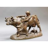 Bronze, braun patiniert, "Magd mit Kuh", bezeichnet J.E. Masson, Salon des Beaux-Arts und Signet