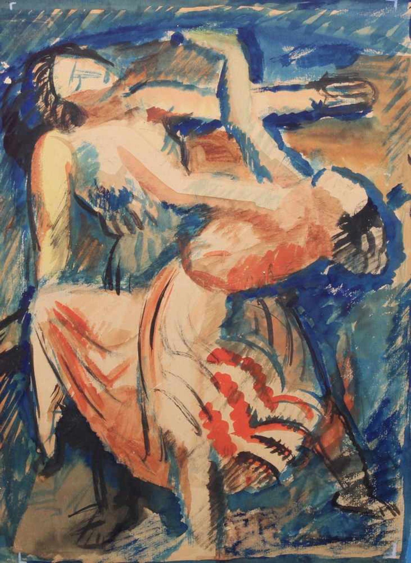 Aquarell, auf Karton, "Expressionistisches Tanzpaar", 31 x 23 cm