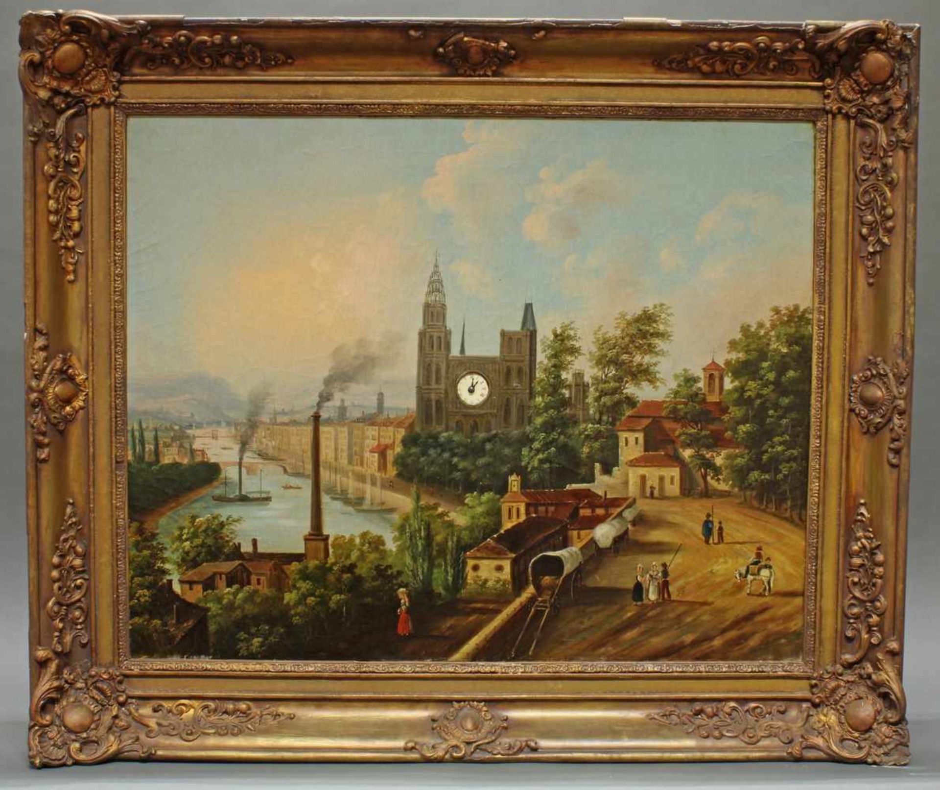 Bilderuhr, "Stadt am Fluß mit Fabrik und Dampfschiff", Frankreich, um 1840/1850, Öl auf Leinwand,