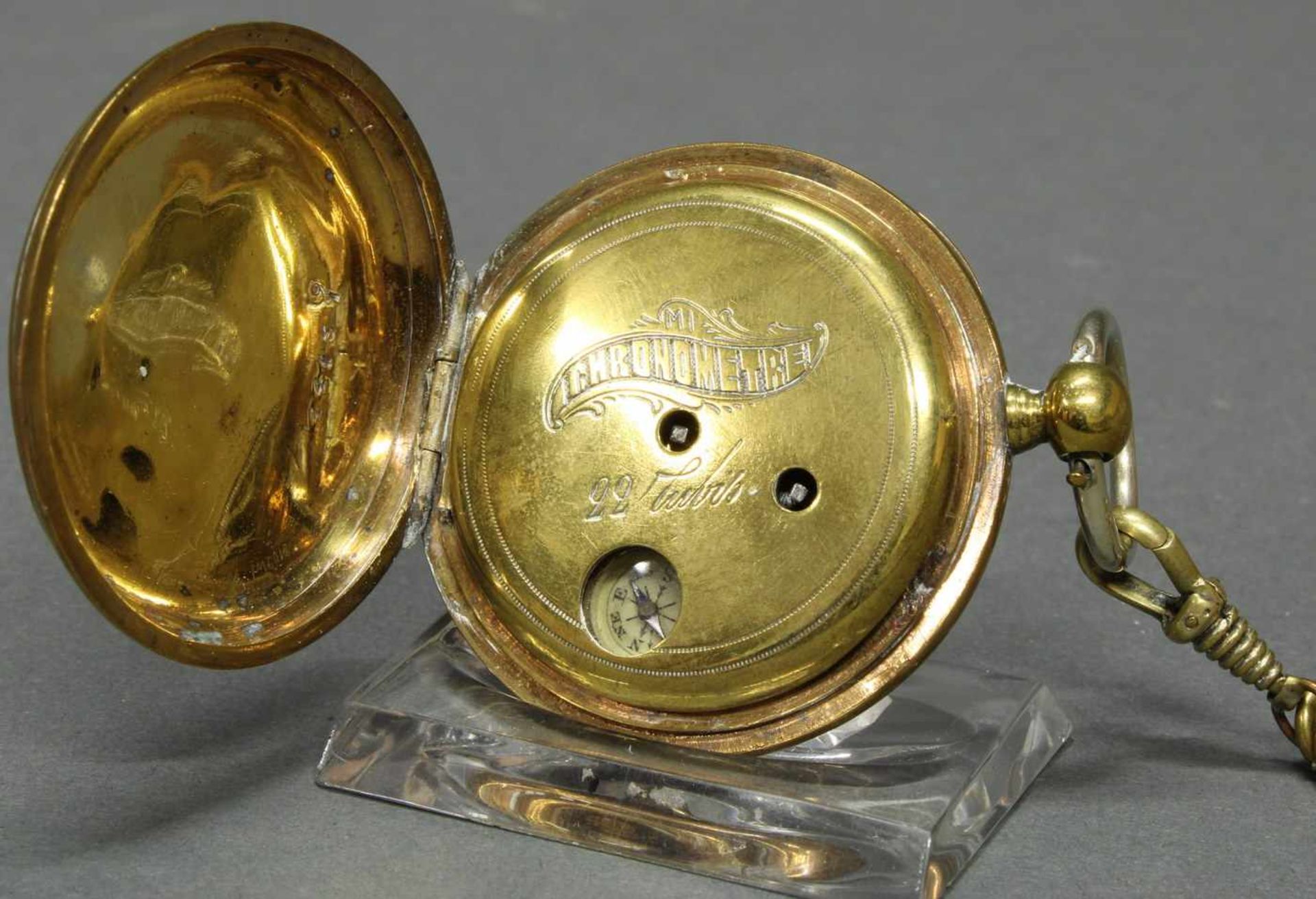 Herrentaschenuhr, mit Kompass, vergoldetes Metallgehäuse, Schlüsselaufzug, Emailzifferblatt, - Bild 4 aus 8