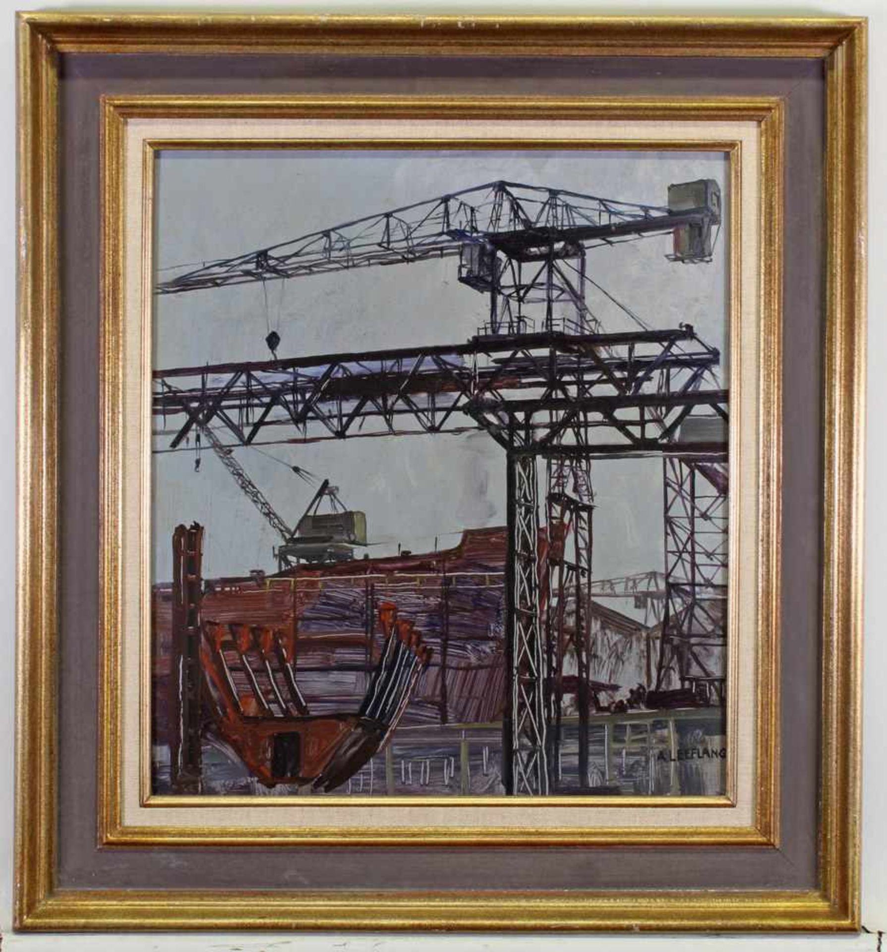 Leeflang, Arie (1906 Rotterdam - 1956 ebda., Industriemaler), "Baukräne beim Schiffsbau", Öl auf - Bild 4 aus 8