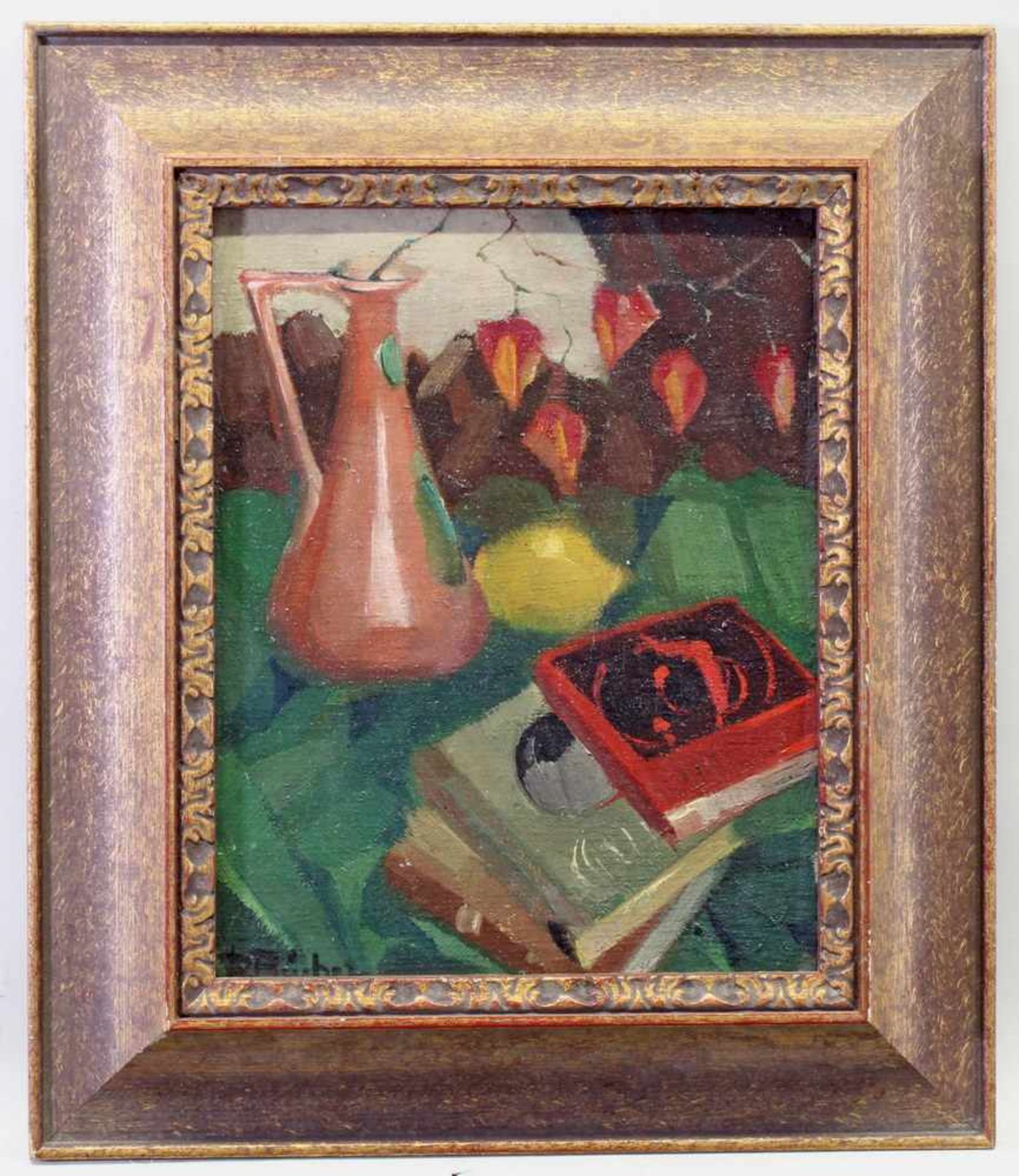 Bücher, Paul (1891 - 1968 Düsseldorf, Landschaftsmaler), "Stillleben mit Büchern und Kupferkanne", - Bild 4 aus 6