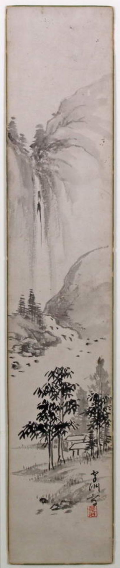 Tuschezeichnung, "Wasserfall", Japan, 20. Jh., 35.5 x 7 cm, unter Glas gerahmt- - -25.00 % buyer's