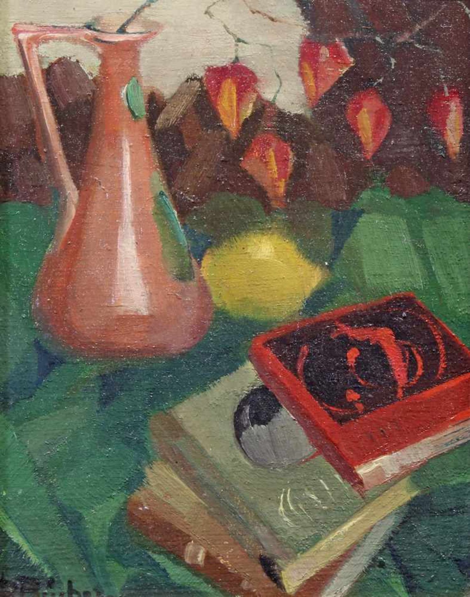 Bücher, Paul (1891 - 1968 Düsseldorf, Landschaftsmaler), "Stillleben mit Büchern und Kupferkanne", - Bild 2 aus 6