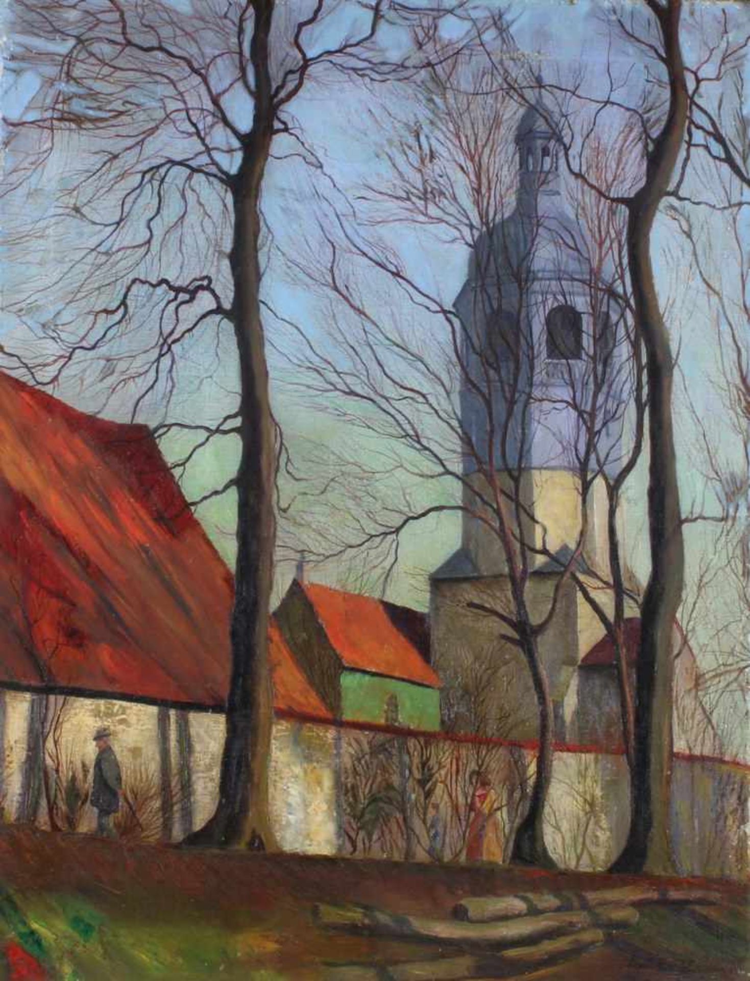 Blume, Paul (ca. 1900 - 1981), "Blick auf die Mauritiuskirche in Hildesheim", Öl auf Leinwand,