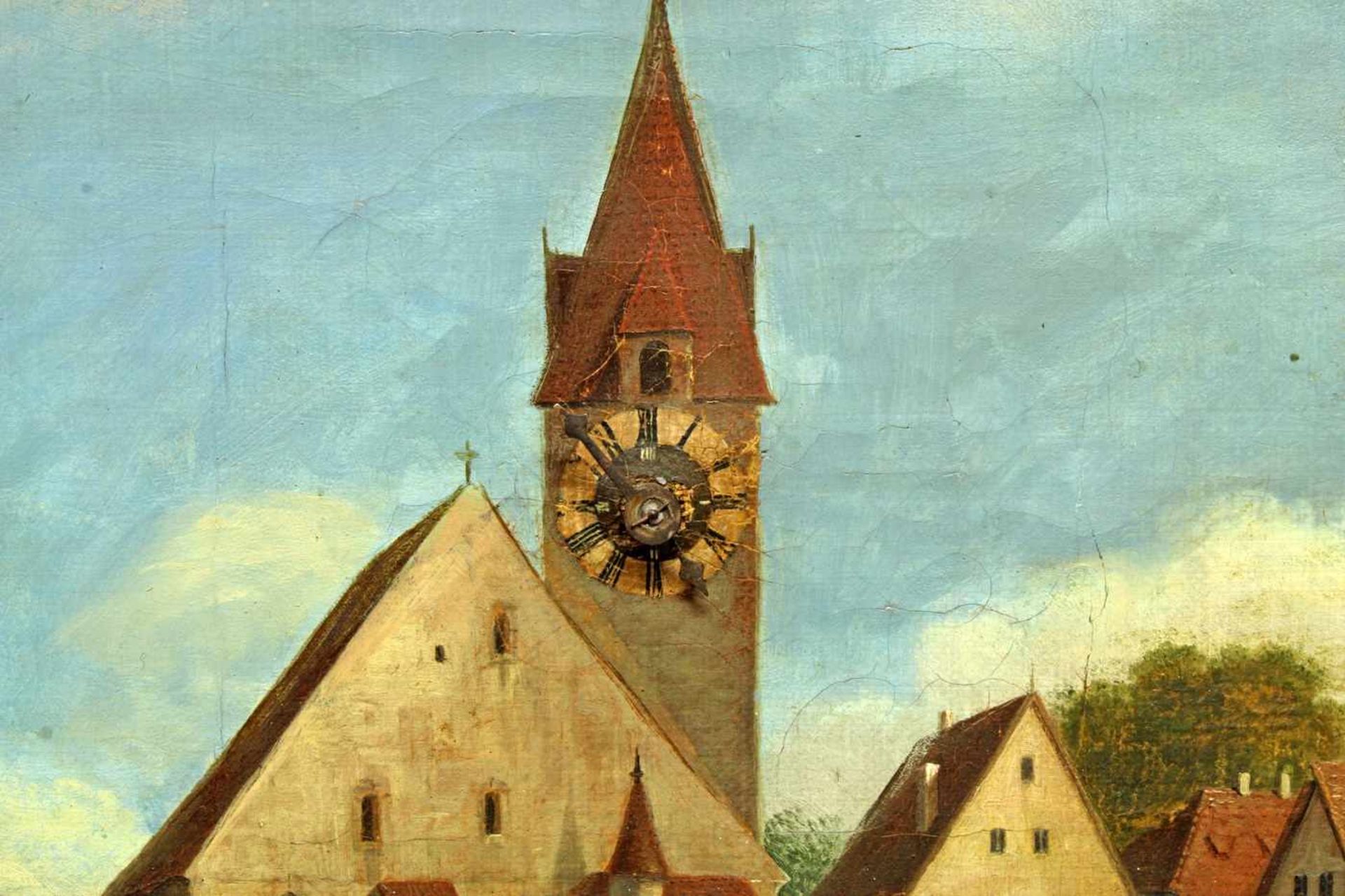 Bilderuhr, "Fränkische Dorfansicht mit Kirche", süddeutsch, um 1817, Öl auf Leinwand, signiert und - Bild 6 aus 12