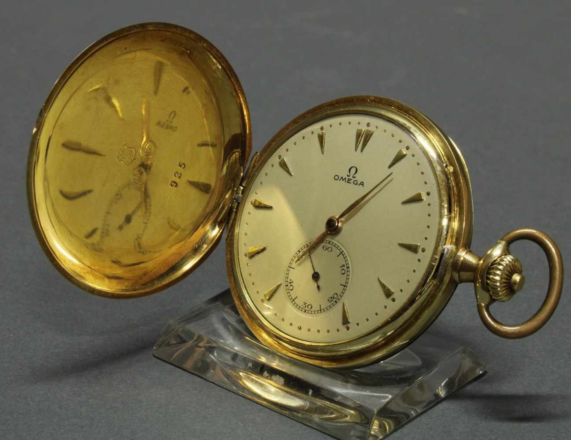 Herrentaschenuhr, Savonette, Omega, GG 585, Staubdeckel Metall, Werk-Nr. 6136357, Gehäuse-Nr. 925,