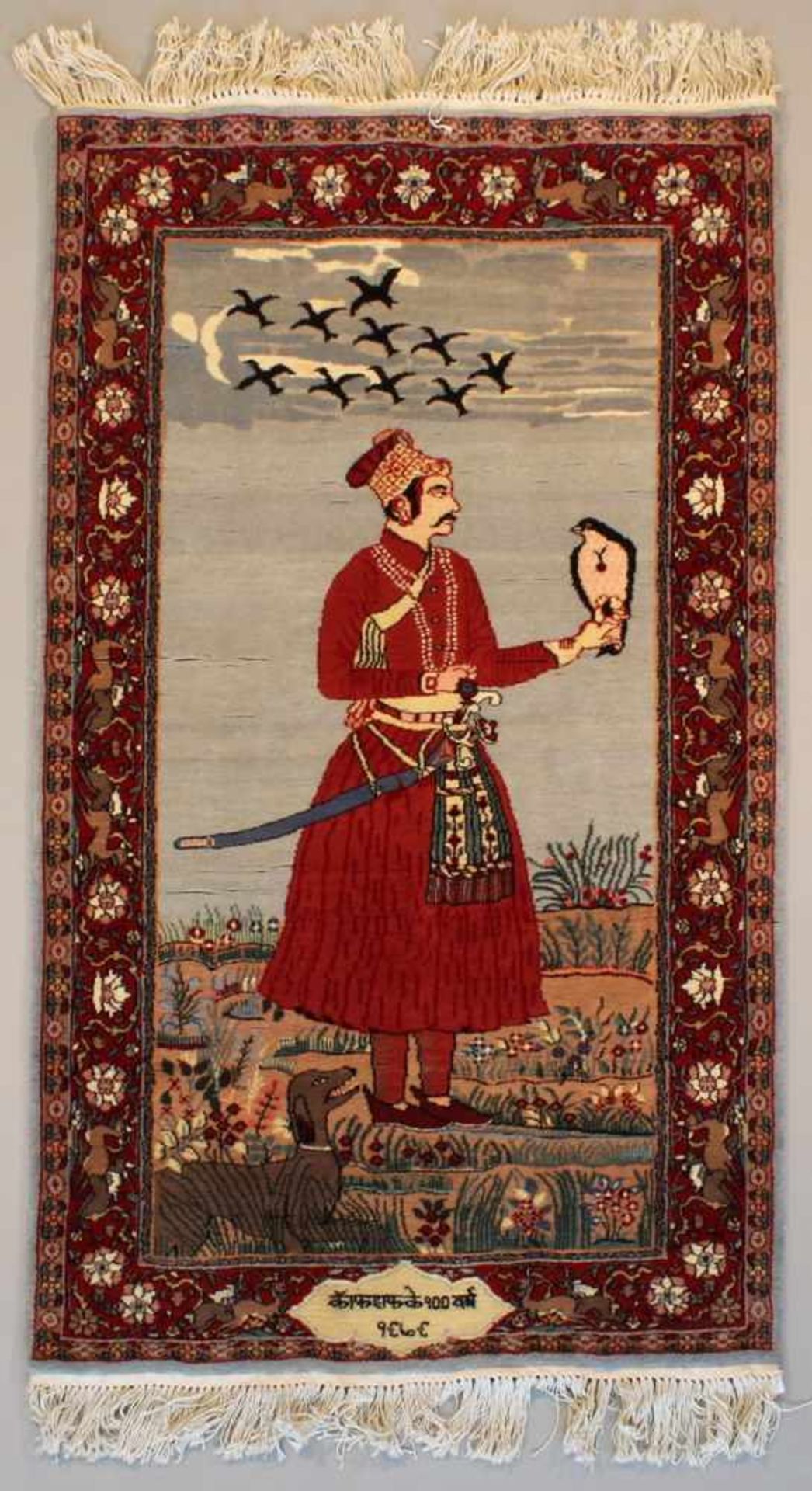 Bildteppich, Indien, ca. 160 x 91 cm, lt. rückseitigem Aufkleber ist wohl der indische Herrscher