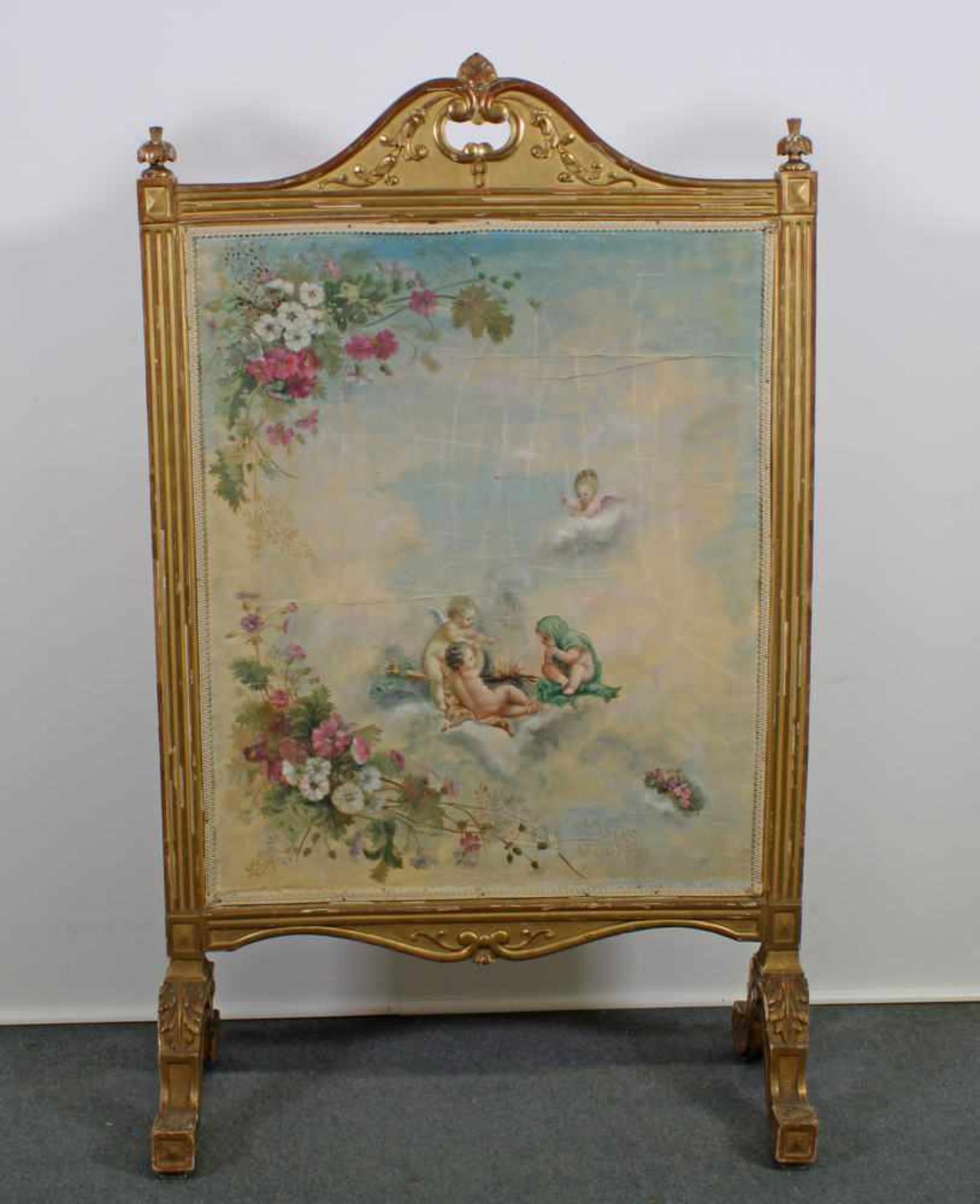 Stellschirm, Louis XVI-Stil, 18./19. Jh., Holz, vergoldet, Malerei auf Seide, auf Leinwand