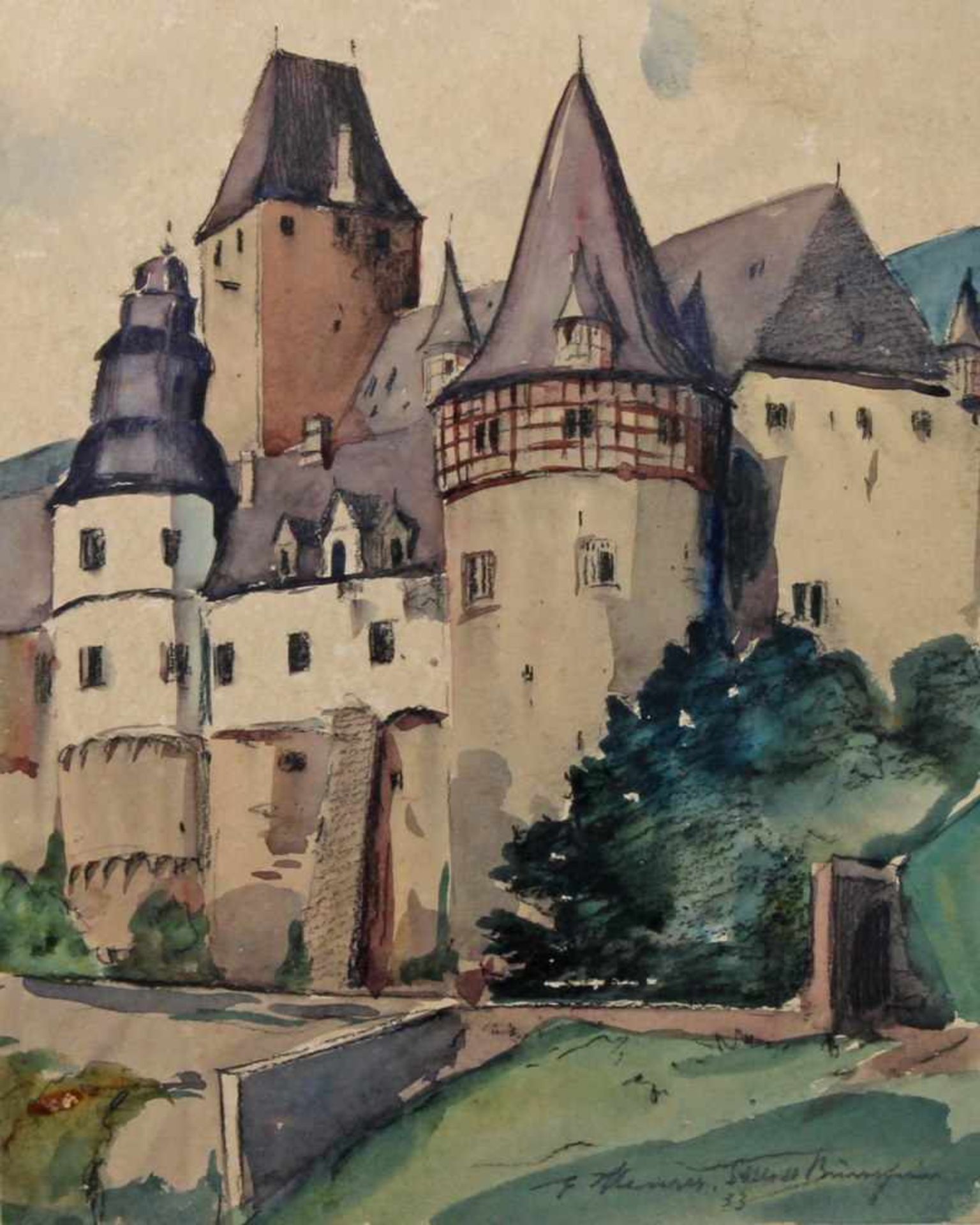 Meurer, Ernst (1884 Lahr - 1956 Bonn, in Bonn tätiger Landschaftsmaler), Aquarell, "Schloss