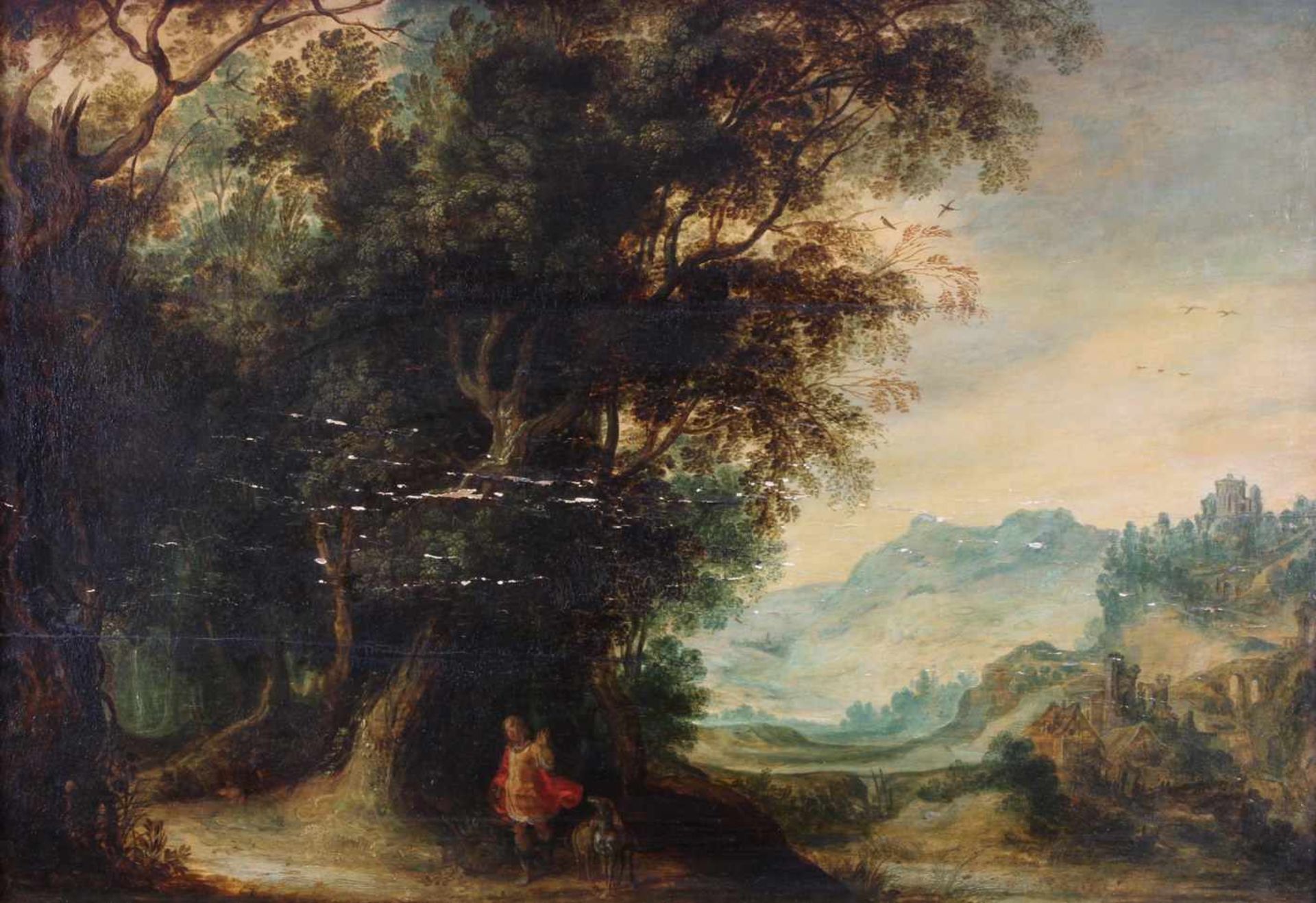 Antwerpen (1. Hälfte 17. Jh.) "Wanderer in hügeliger Waldlandschaft", Öl auf Holz, parkettiert, - Bild 2 aus 2