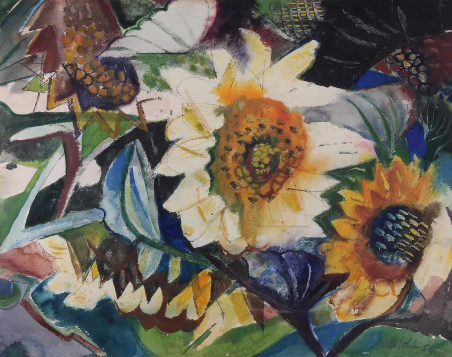 Sohl, Will (1906 Ludwigshafen - 1969 Heidelberg), Mischtechnik, mit Aquarell, "Sonnenblumen",