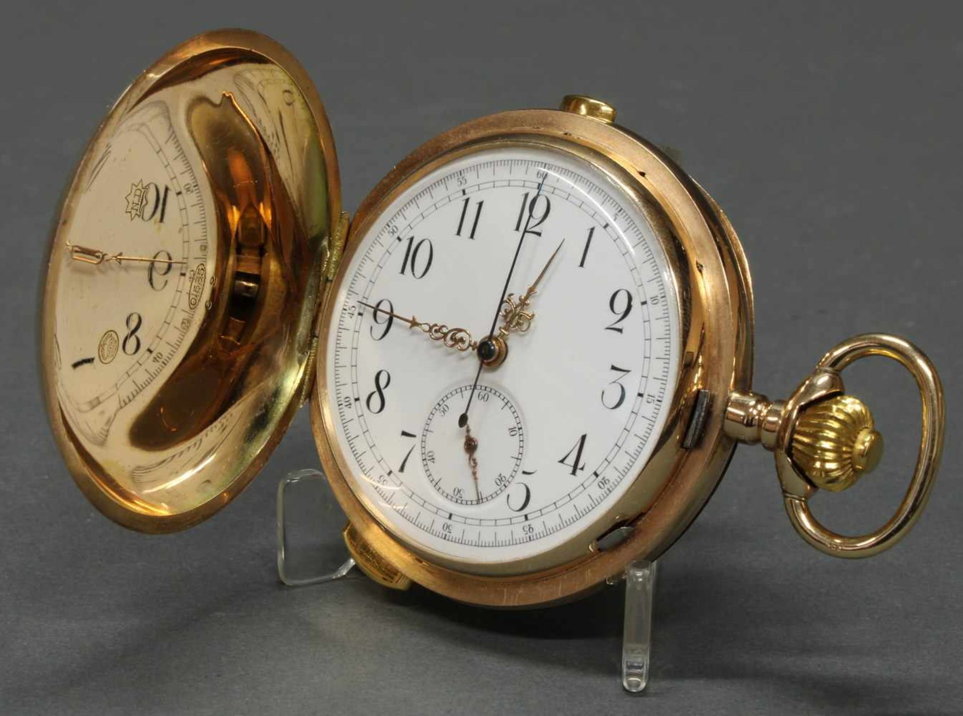 Herrentaschenuhr, Savonette, um 1900, 1/4-Stunden-Repetition, Chronograph, GG 585, Staubdeckel Gold, - Bild 2 aus 6