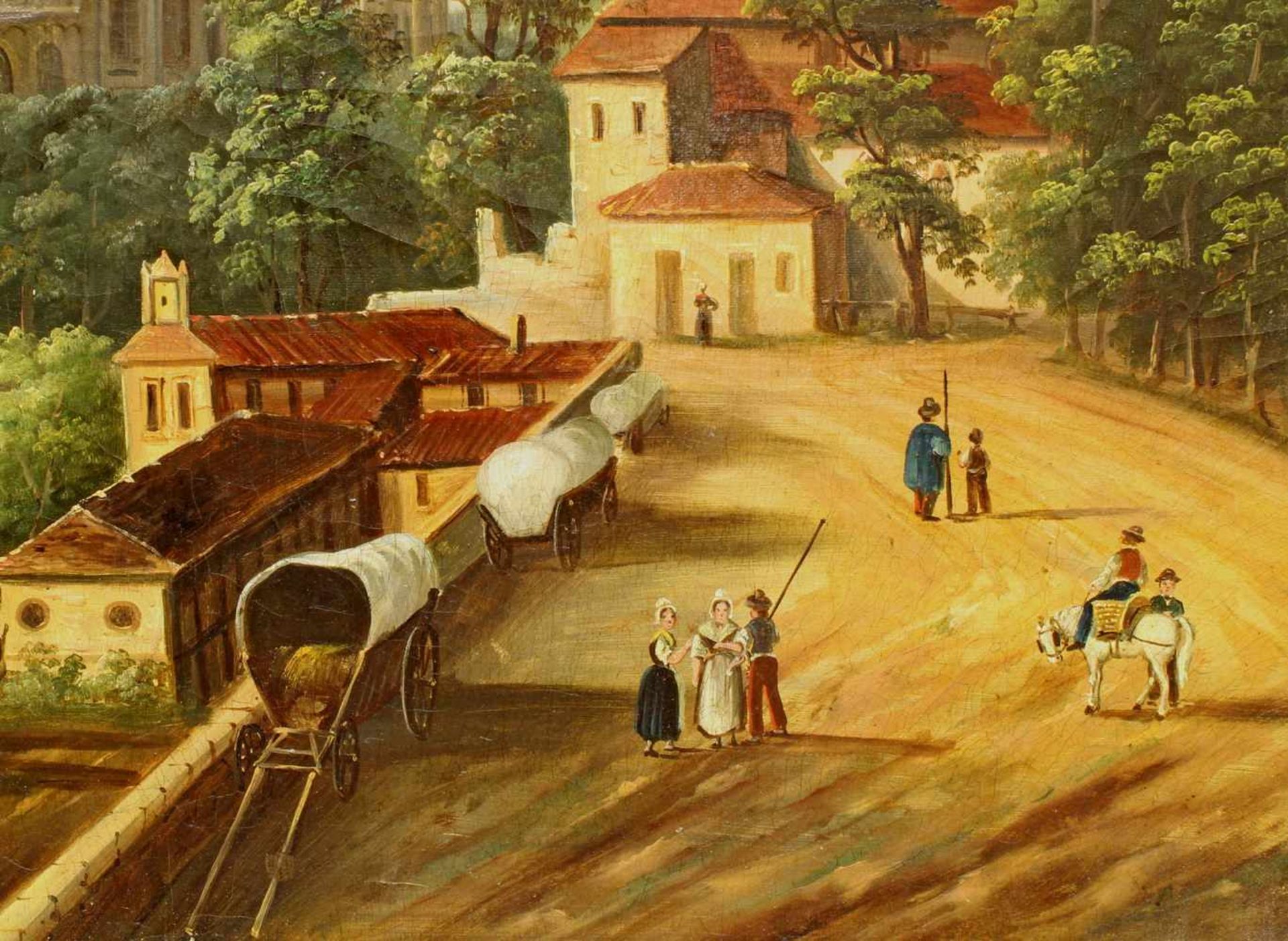 Bilderuhr, "Stadt am Fluß mit Fabrik und Dampfschiff", Frankreich, um 1840/1850, Öl auf Leinwand, - Image 7 of 26