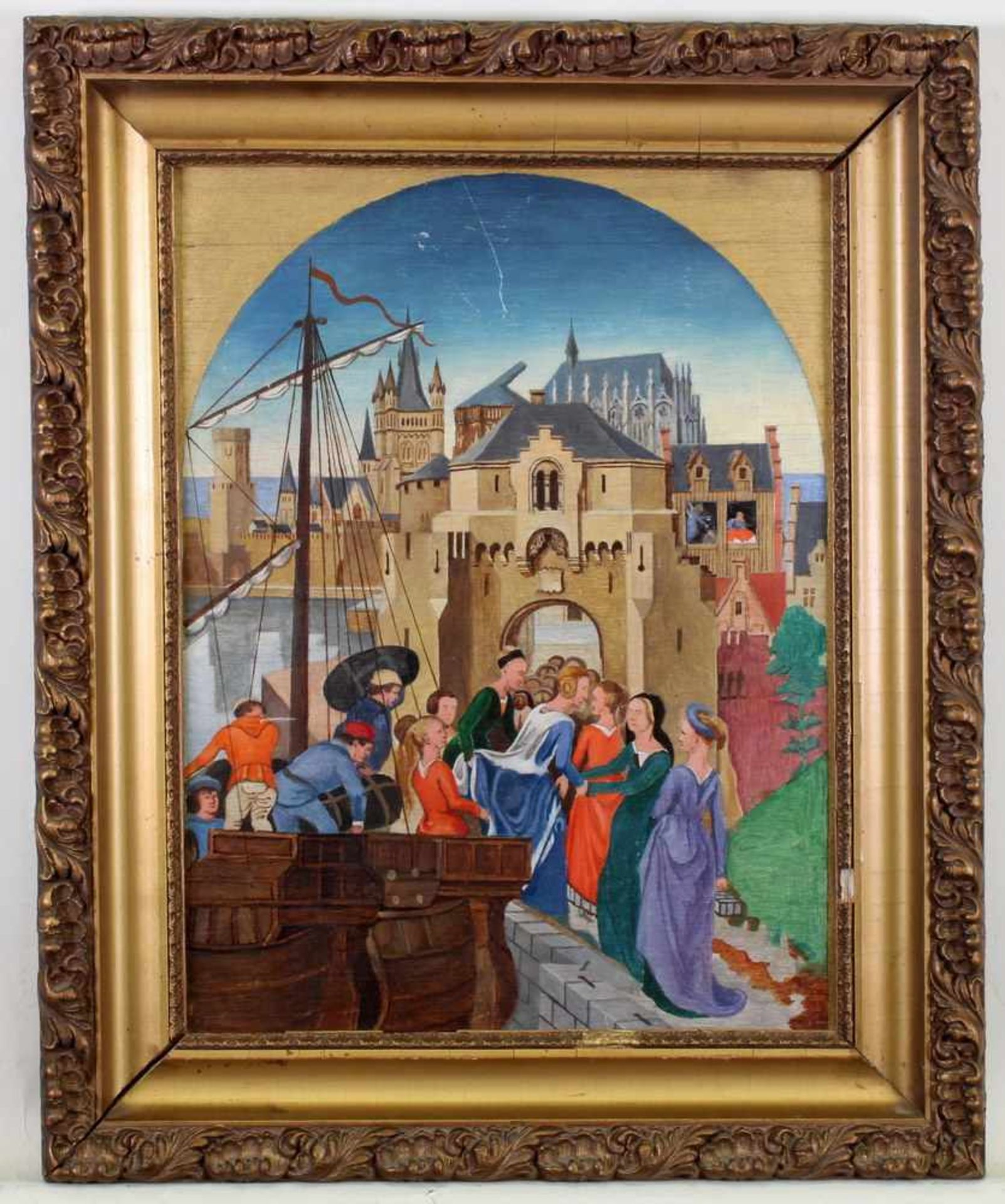 Sakralmaler (1. Hälfte 20. Jh.), wohl, "Die Ankunft der Heiligen Ursula und der Pilger in Köln", - Bild 3 aus 8