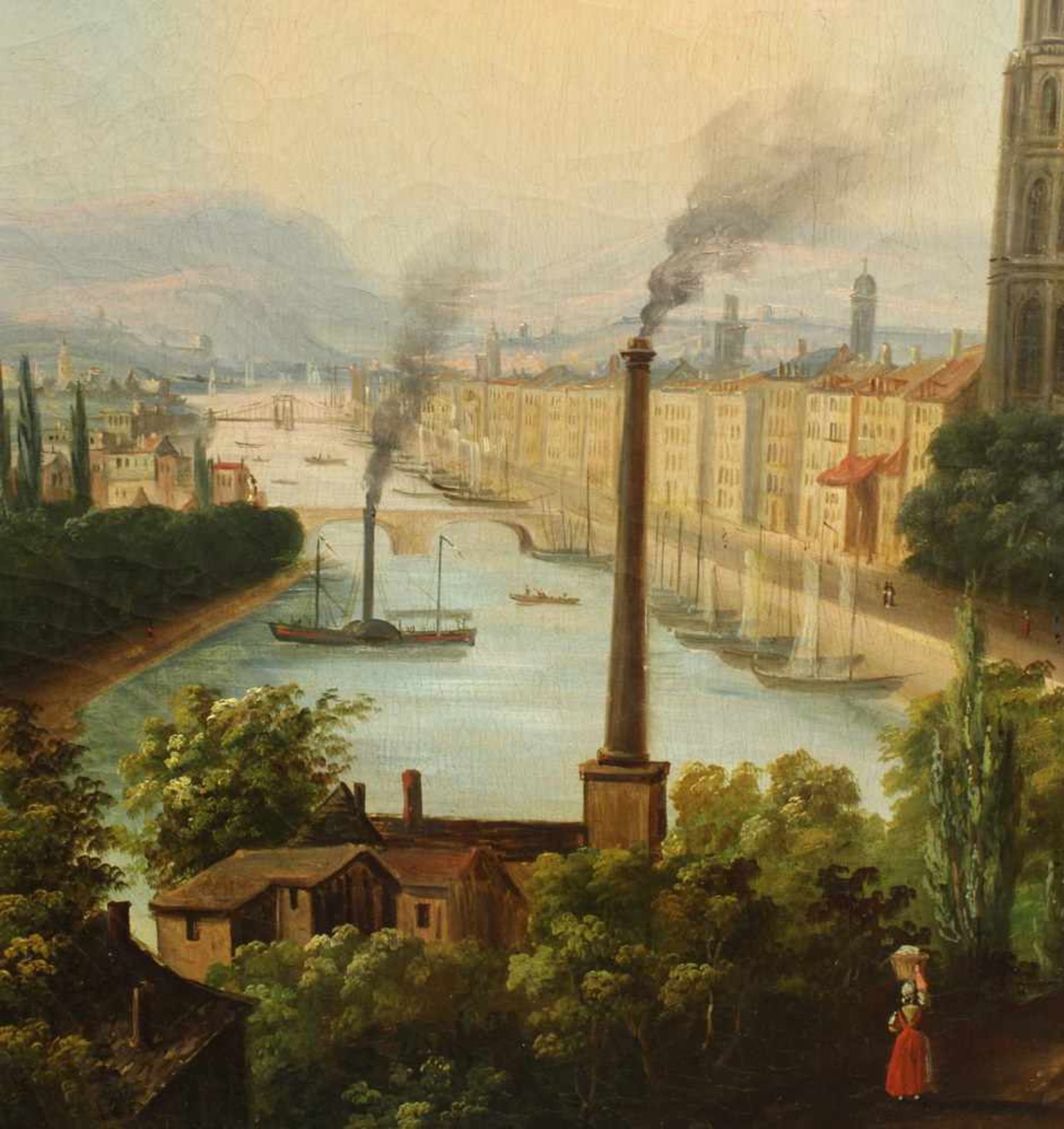Bilderuhr, "Stadt am Fluß mit Fabrik und Dampfschiff", Frankreich, um 1840/1850, Öl auf Leinwand, - Bild 10 aus 26