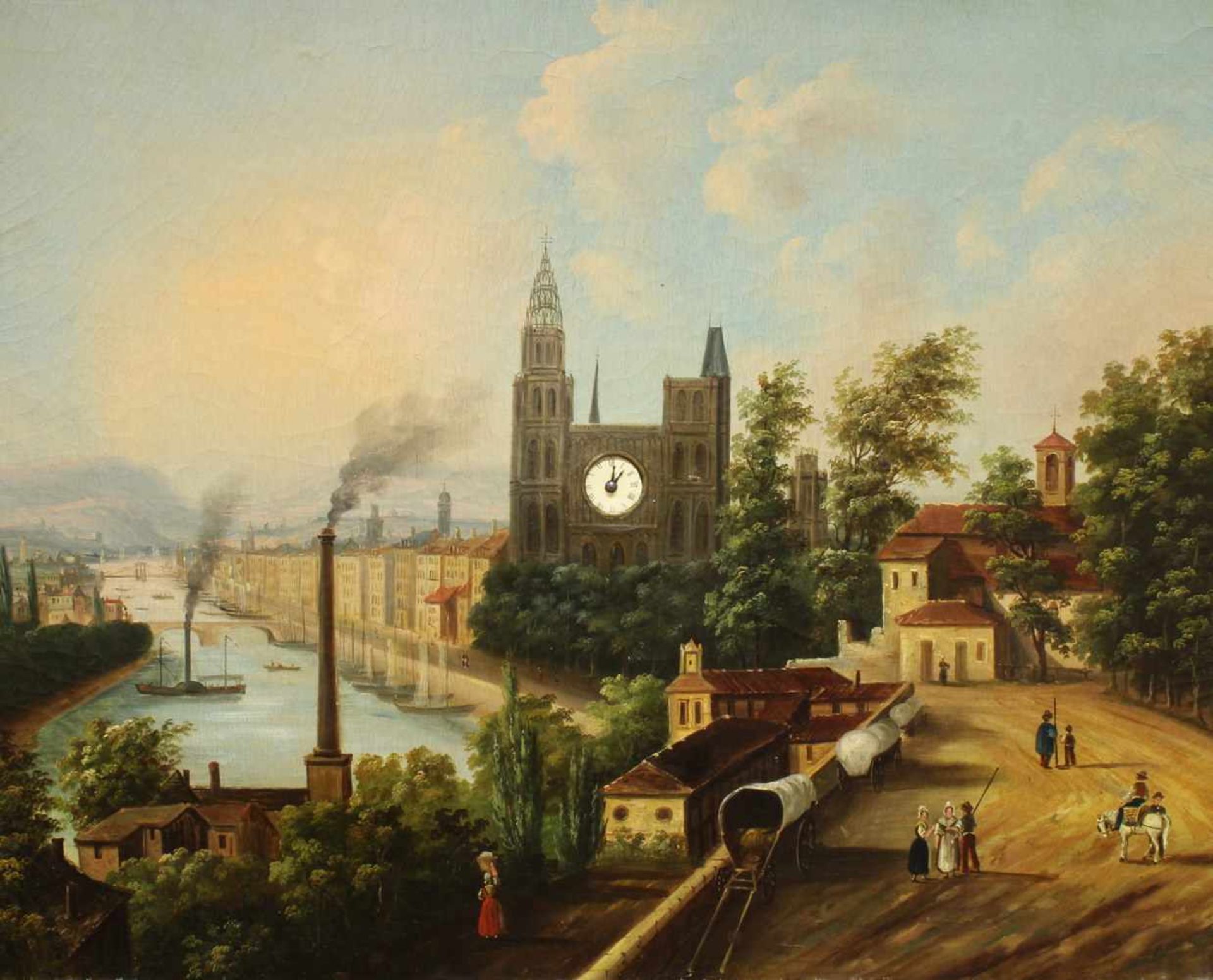 Bilderuhr, "Stadt am Fluß mit Fabrik und Dampfschiff", Frankreich, um 1840/1850, Öl auf Leinwand, - Image 4 of 26