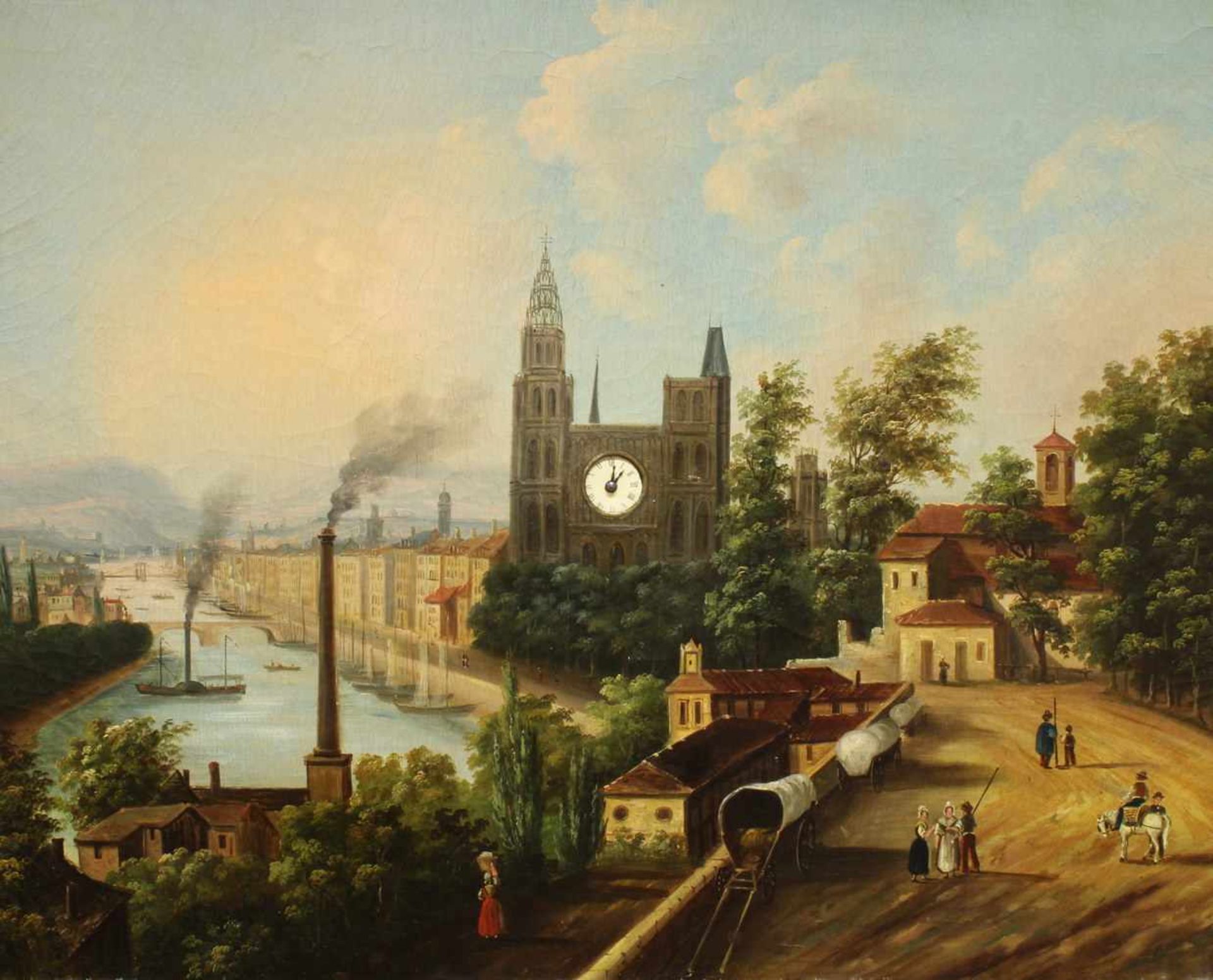 Bilderuhr, "Stadt am Fluß mit Fabrik und Dampfschiff", Frankreich, um 1840/1850, Öl auf Leinwand, - Bild 4 aus 26