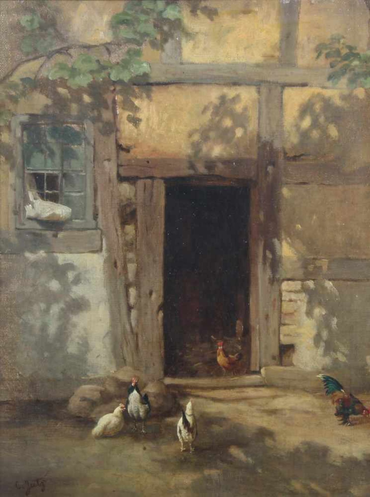 Jutz, C. (19./20. Jh.), "Hühner im Hof", Öl auf Leinwand, auf Holz, signiert unten links C. Jutz, 34