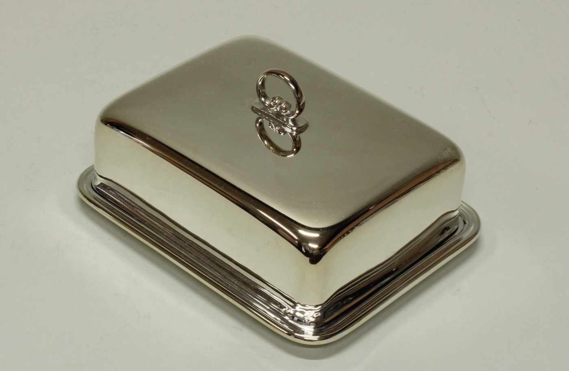 Butterdose, Silber 925, Italien, mit Glaseinsatz, 7.5 x 14 x 11 cm, ca. 273 g (ohne Glas)- - -25.