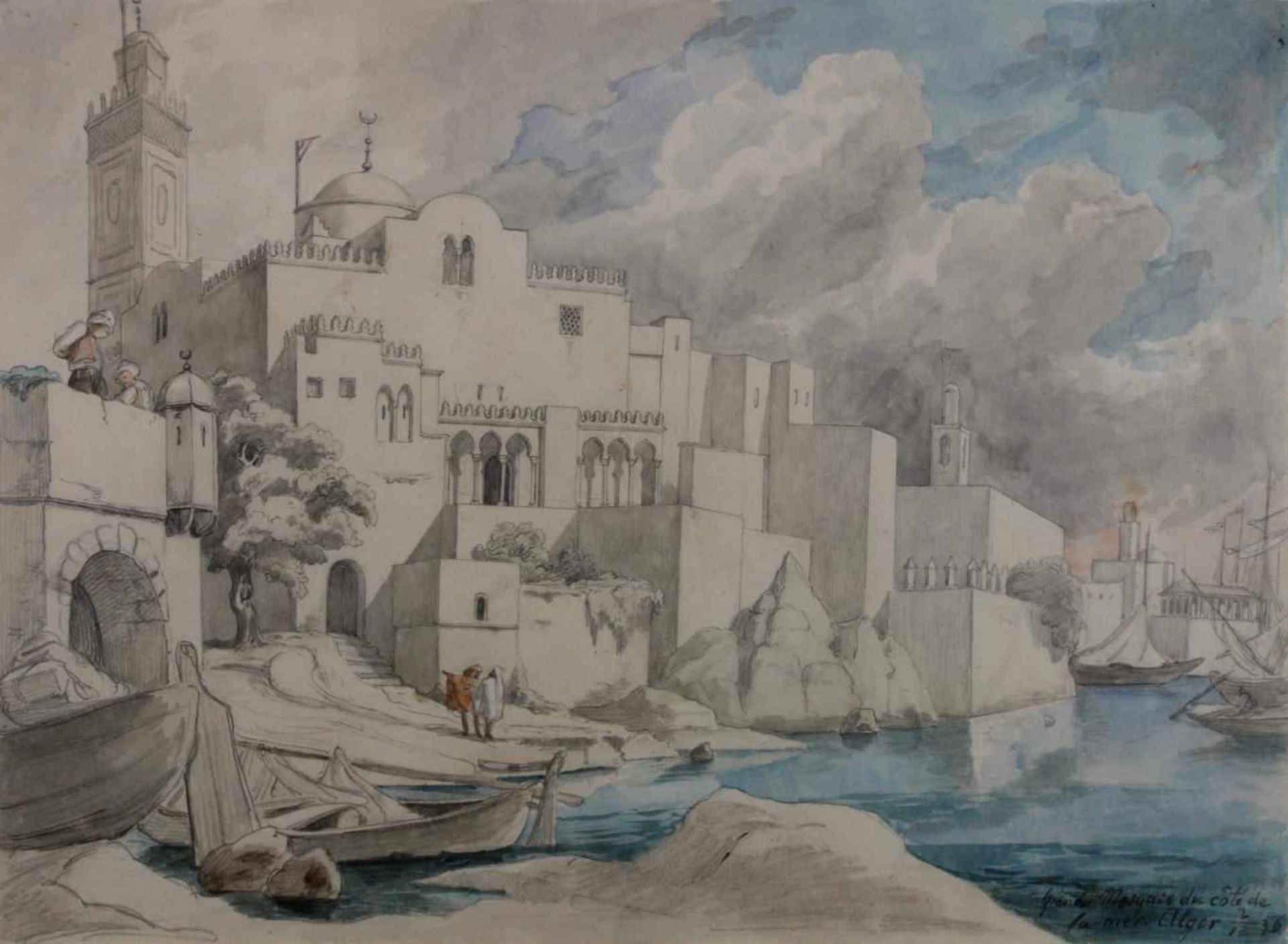 Teilaquarellierte Bleistiftzeichnung, "Große Moschee an der Meeresküste von Algier", unten rechts - Bild 2 aus 6