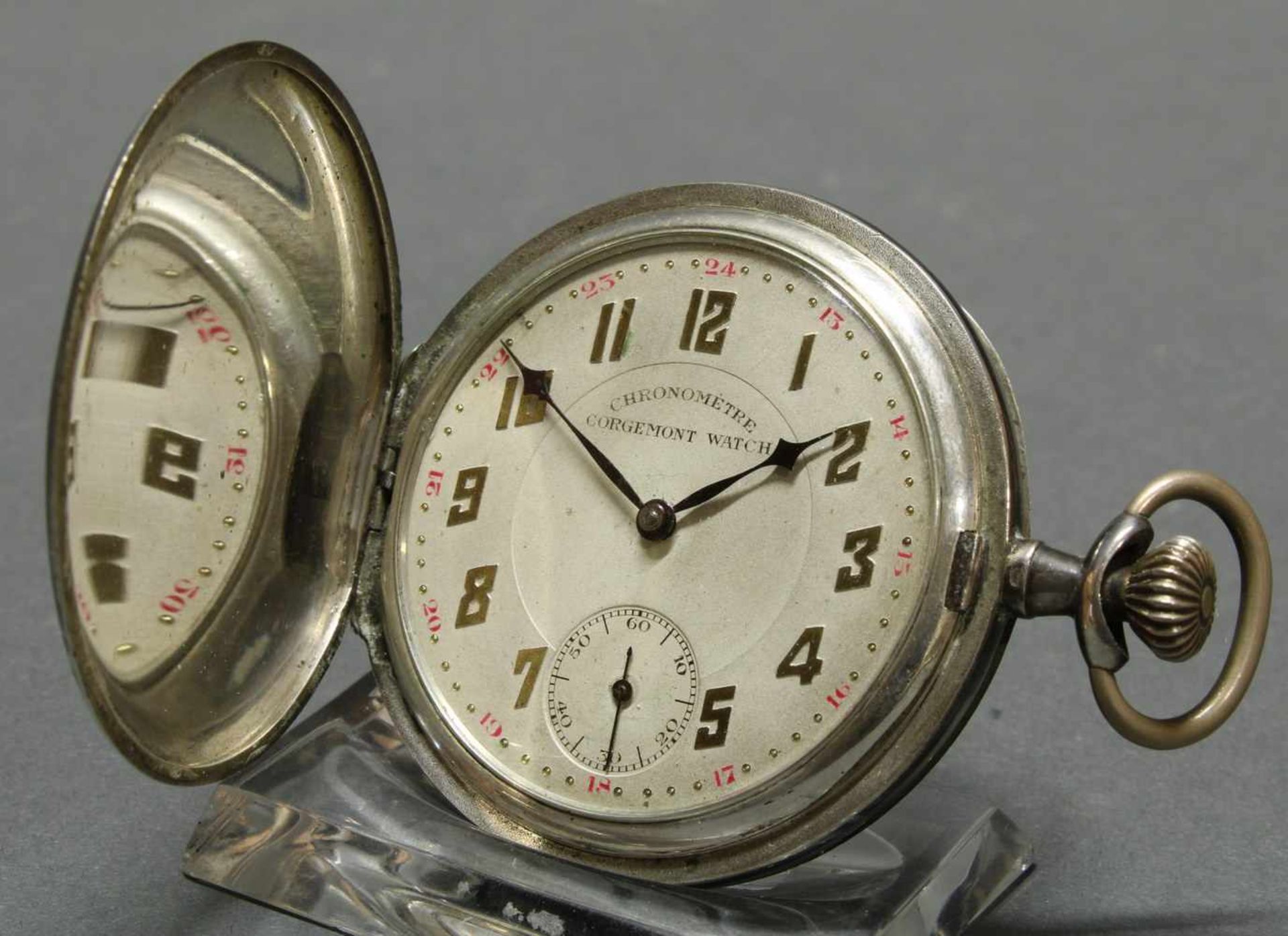 Herrentaschenuhr, Savonette, Silber 800 und Niello, silberfarbenes Zifferblatt, bez. Chronometre