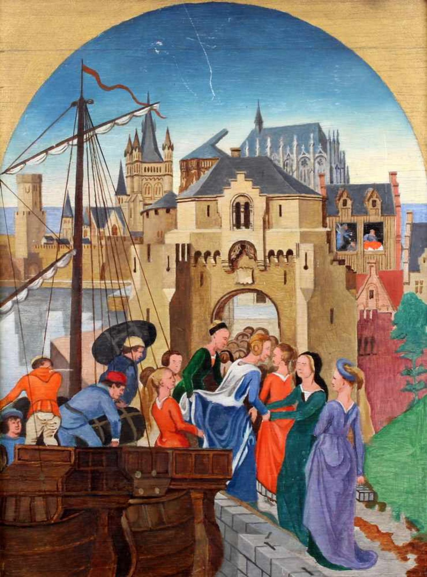 Sakralmaler (1. Hälfte 20. Jh.), wohl, "Die Ankunft der Heiligen Ursula und der Pilger in Köln",