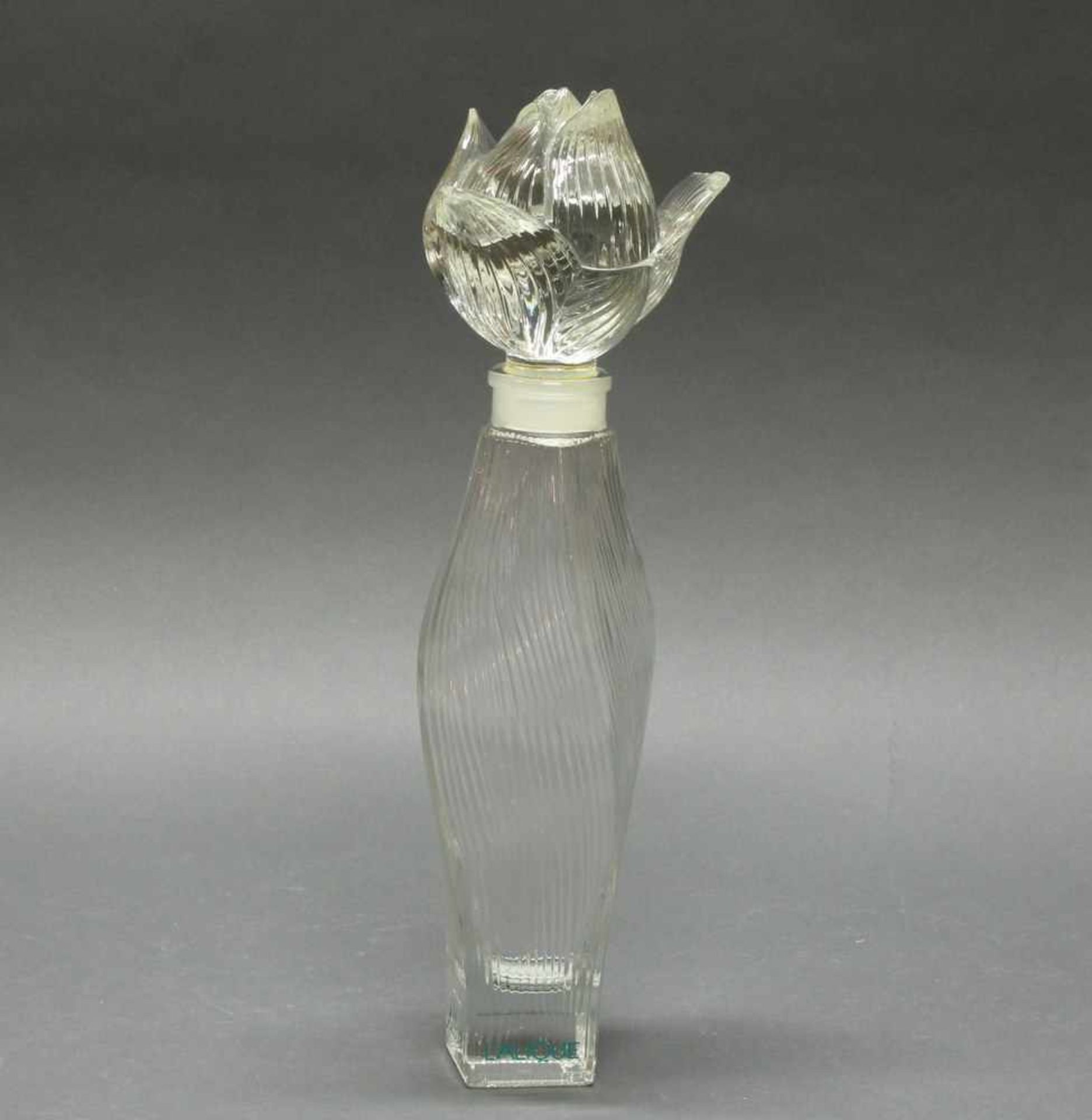 Flakon, "Nilang", Lalique, farbloses Glas mit türkisfarbener Aufschrift, Stöpsel in Blütenform mit
