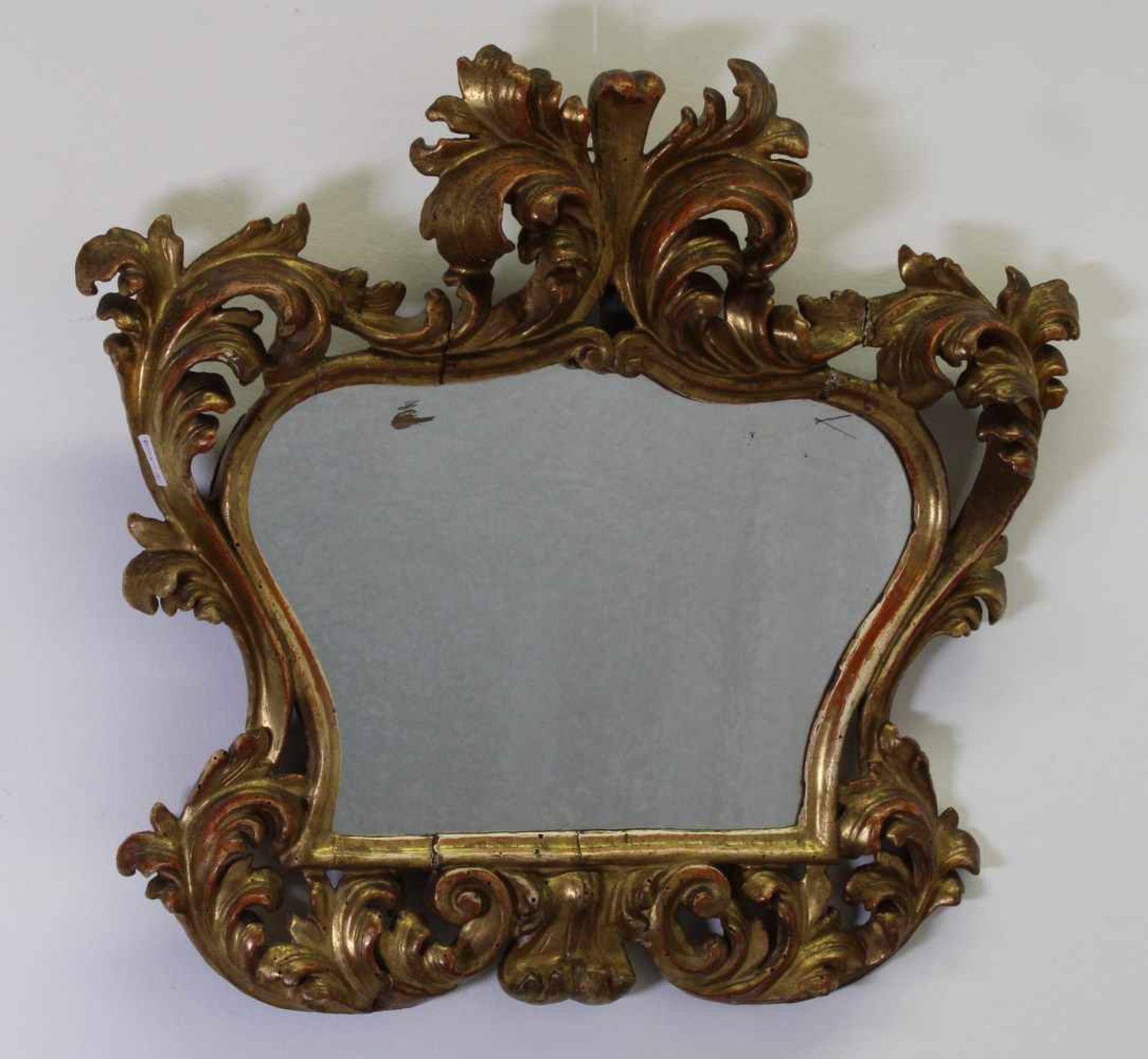 Wandspiegel, 19. Jh., Holz, geschnitzt, goldbronziert, Barockform, 56 x 65 cm, Altersspuren- - -25.