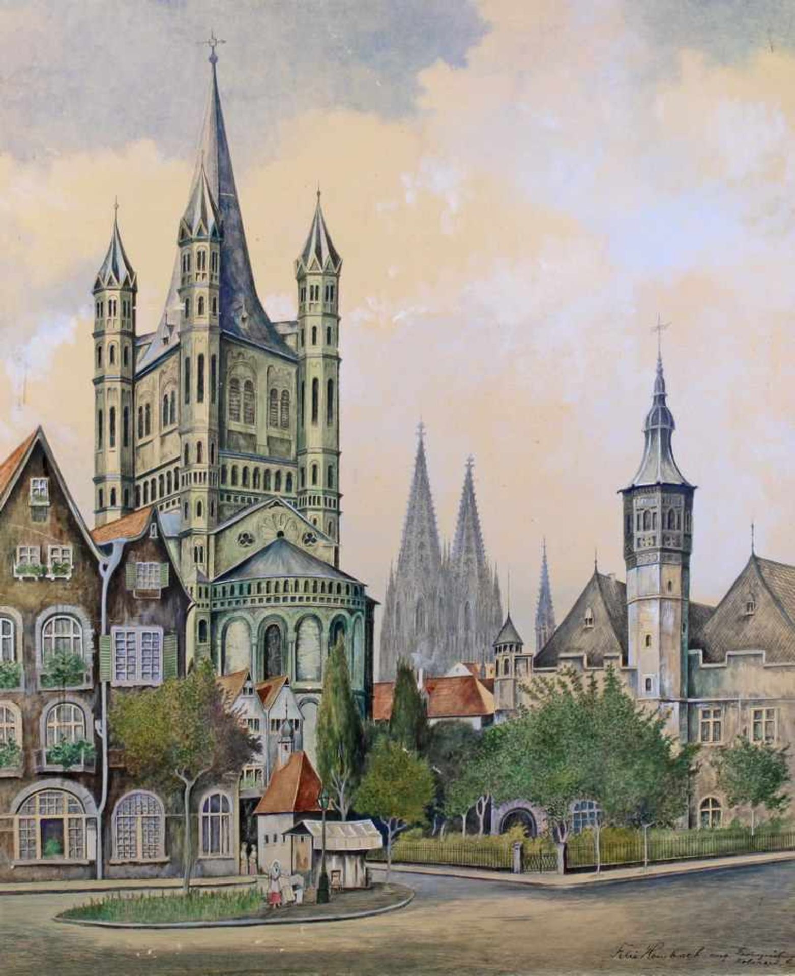 Hombach, Felix (19./20. Jh.), Kolorierte Federzeichung, "Blick auf Groß St. Martin und den Kölner - Bild 2 aus 8