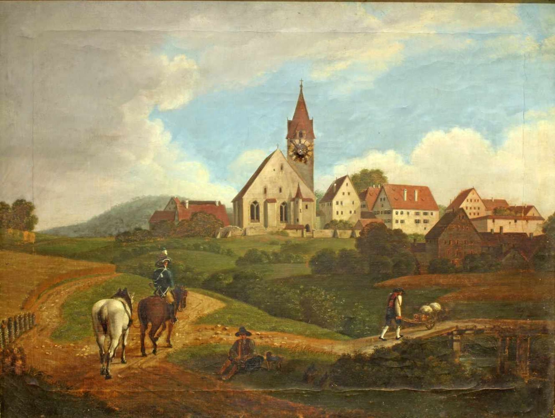 Bilderuhr, "Fränkische Dorfansicht mit Kirche", süddeutsch, um 1817, Öl auf Leinwand, signiert und - Bild 4 aus 12