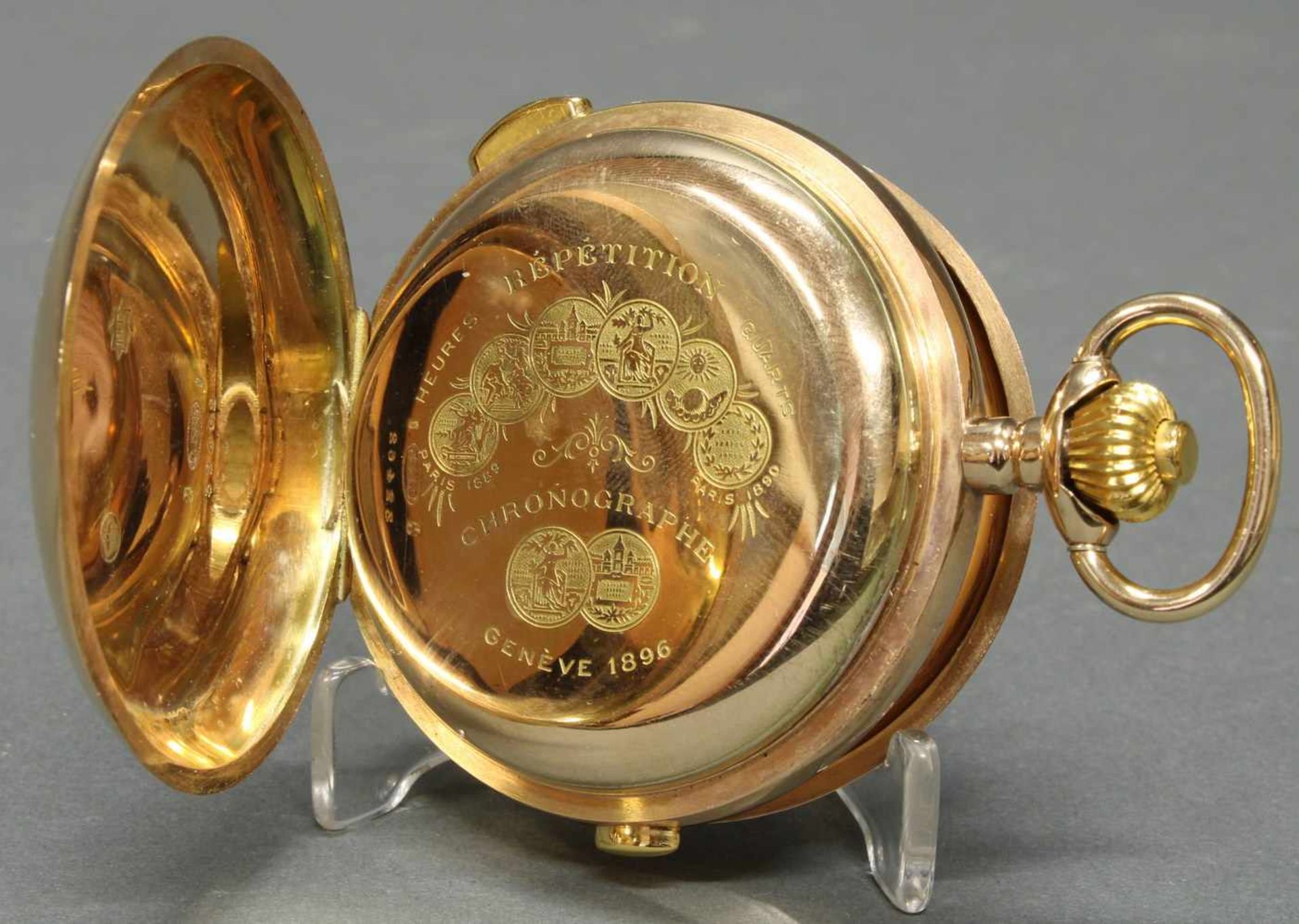 Herrentaschenuhr, Savonette, um 1900, 1/4-Stunden-Repetition, Chronograph, GG 585, Staubdeckel Gold, - Bild 4 aus 6