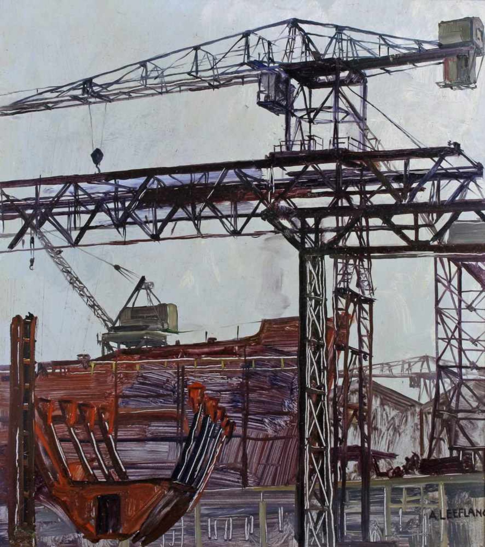 Leeflang, Arie (1906 Rotterdam - 1956 ebda., Industriemaler), "Baukräne beim Schiffsbau", Öl auf