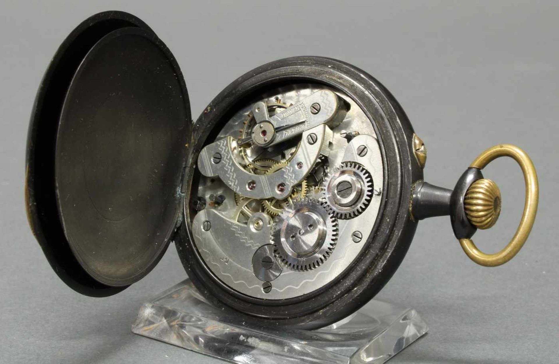 Herrentaschenuhr, mit Komplikationen, um 1900, Metall schwarz mattiert, beiges Zifferblatt, - Bild 3 aus 4