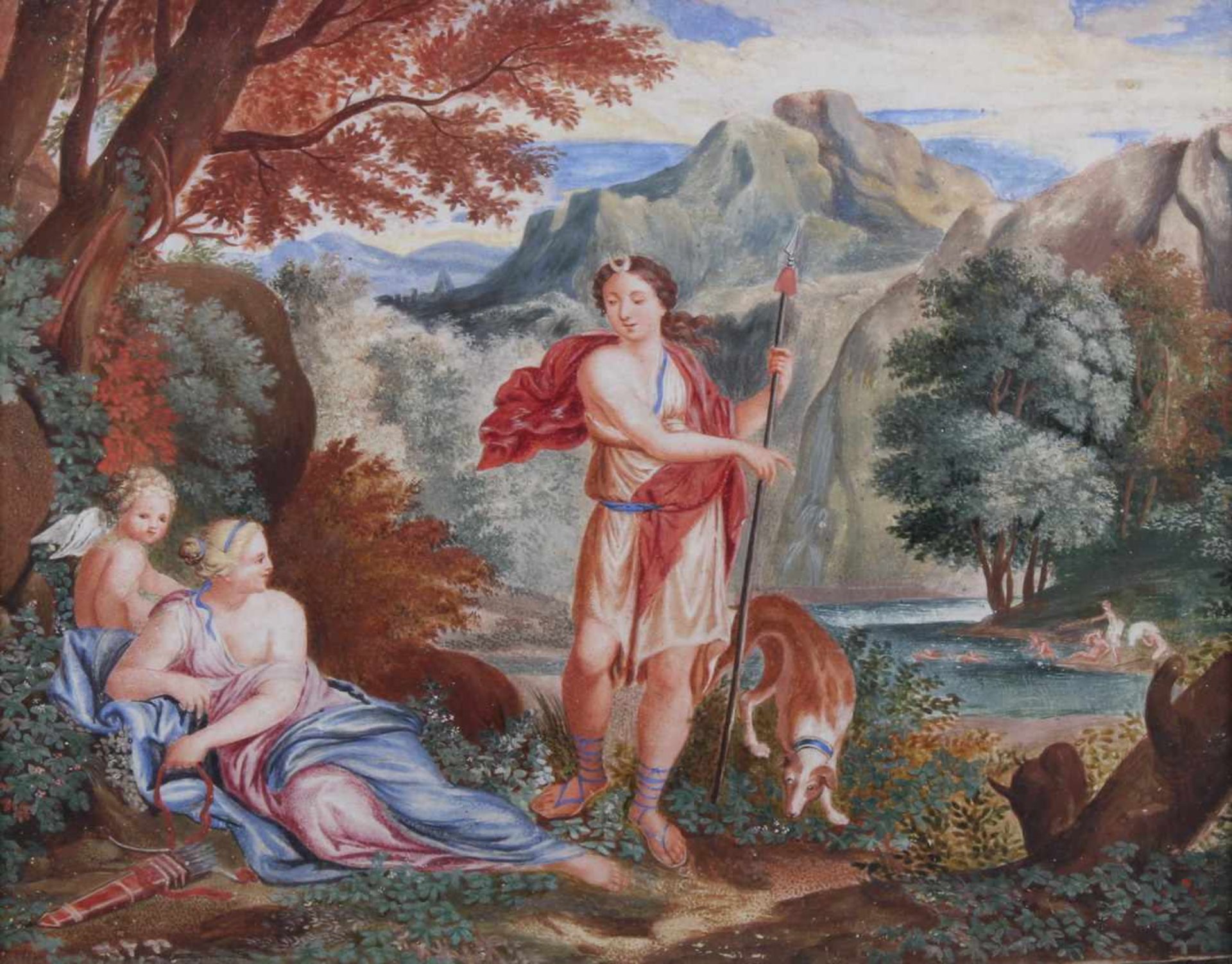 Coypel, Charles-Antoine (1694 - 1752), Nachfolge, Gouache, auf Papier, auf Holz aufgezogen, "Diana - Image 2 of 6