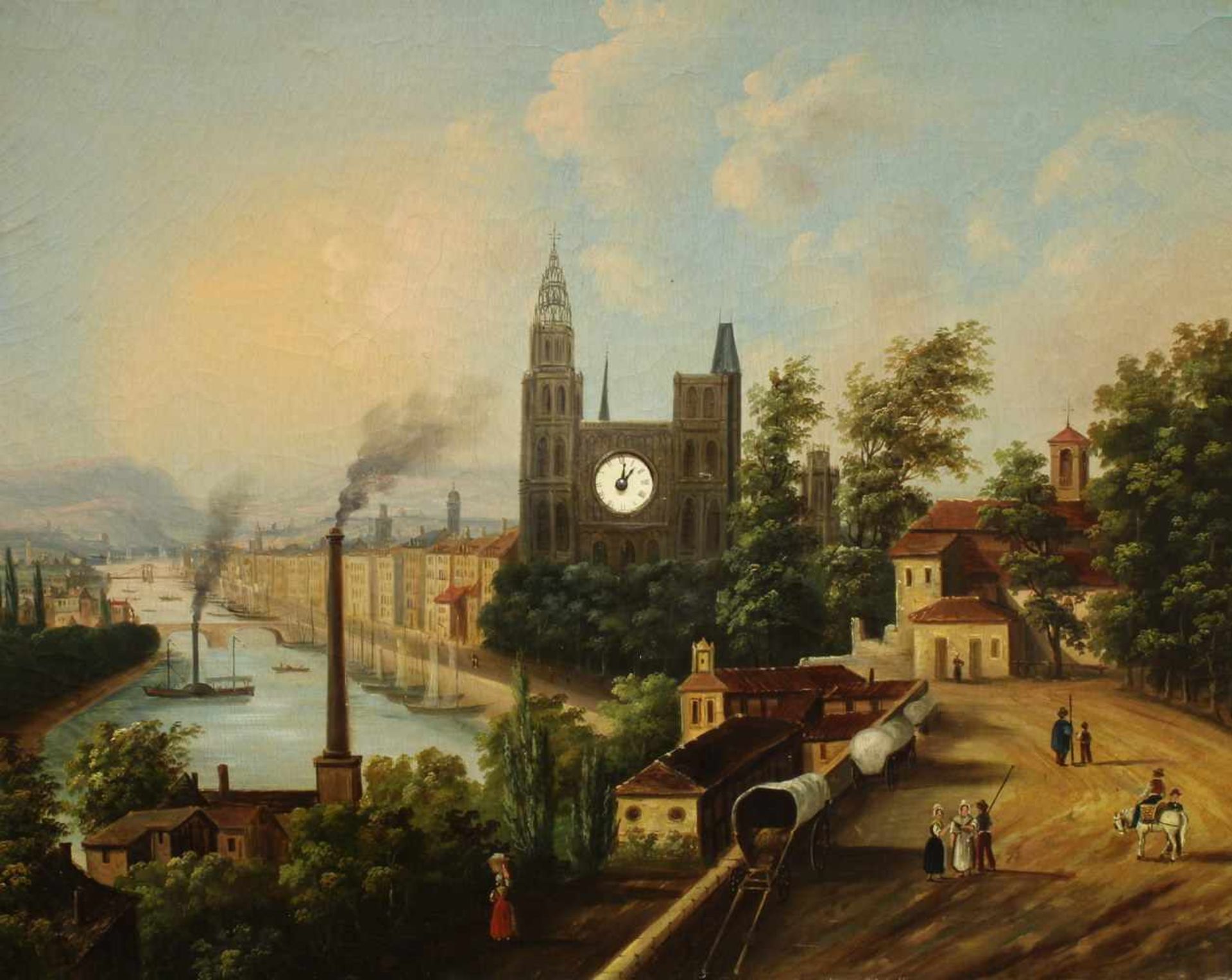 Bilderuhr, "Stadt am Fluß mit Fabrik und Dampfschiff", Frankreich, um 1840/1850, Öl auf Leinwand, - Image 26 of 26