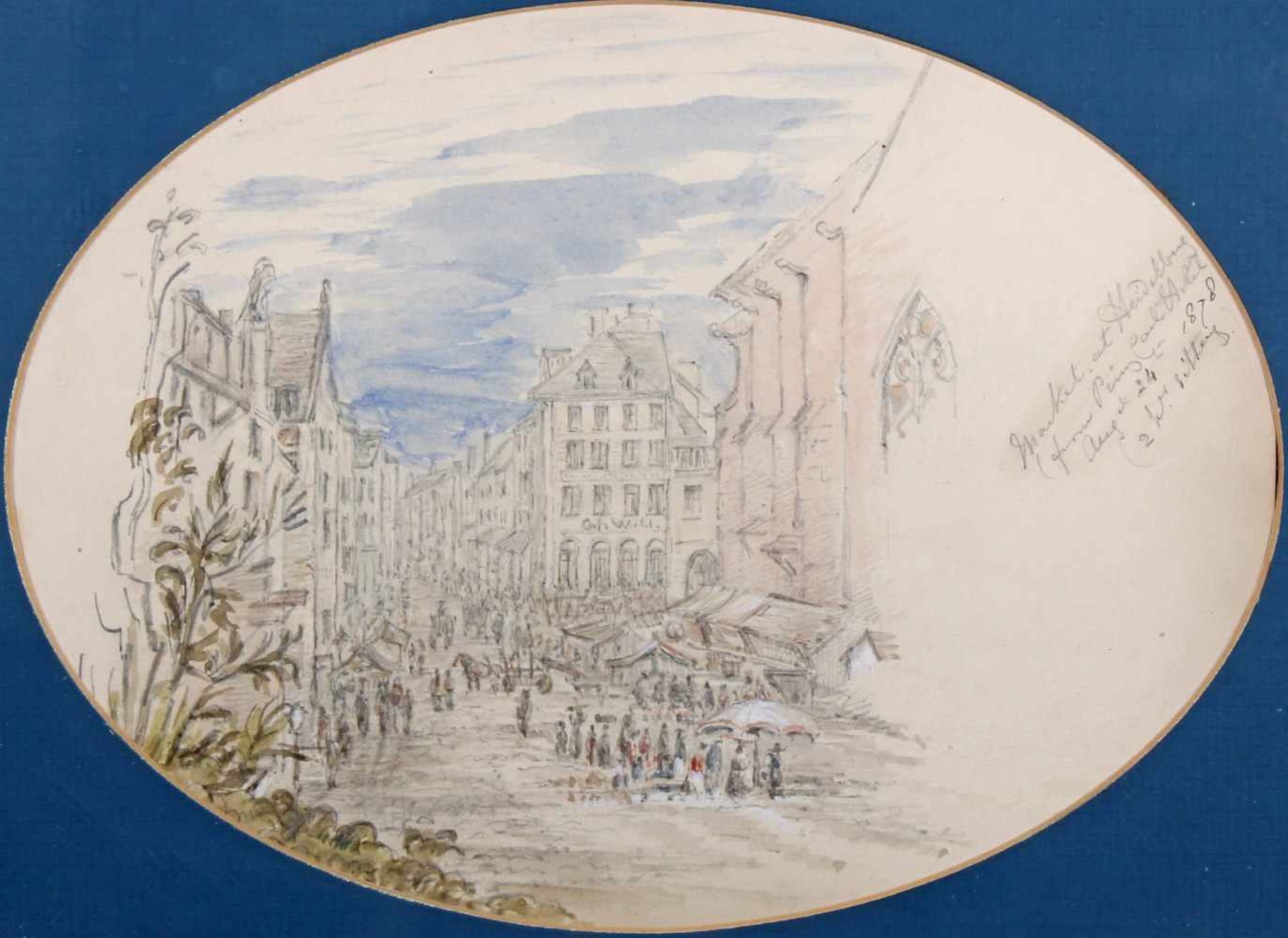 2 aquarellierte Zeichnungen, "Der Rheinfall bei Schaffhausen", "Der Marktplatz in Heidelberg", - Bild 9 aus 12