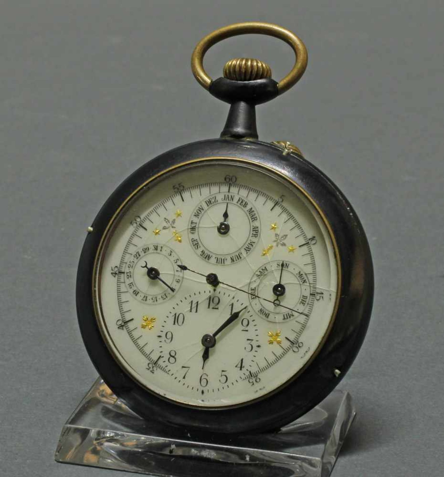 Herrentaschenuhr, mit Komplikationen, um 1900, Metall schwarz mattiert, beiges Zifferblatt, - Bild 2 aus 4