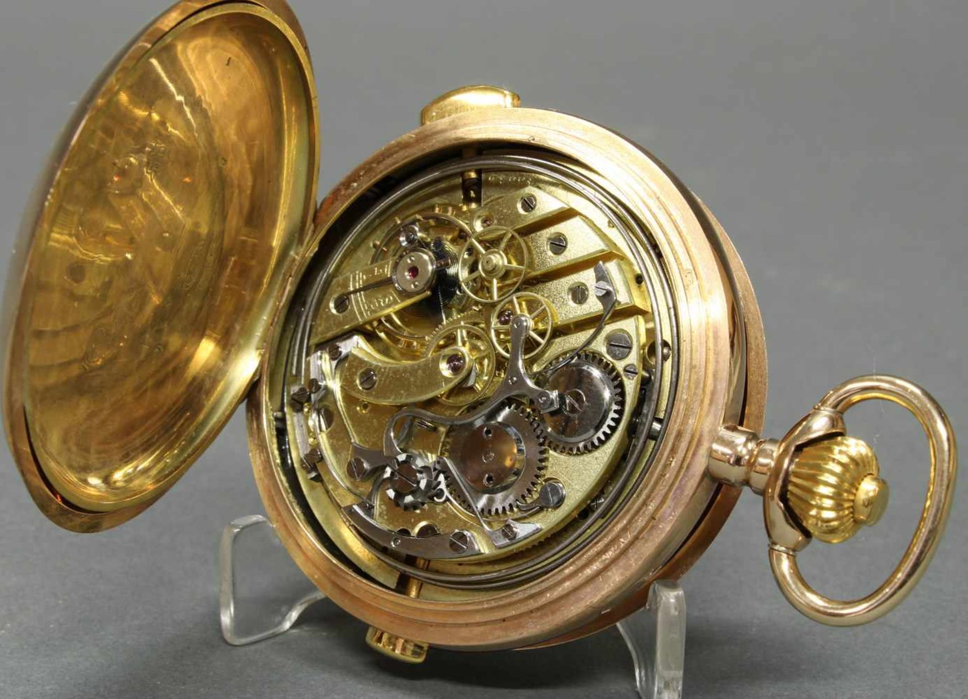 Herrentaschenuhr, Savonette, um 1900, 1/4-Stunden-Repetition, Chronograph, GG 585, Staubdeckel Gold, - Bild 5 aus 6