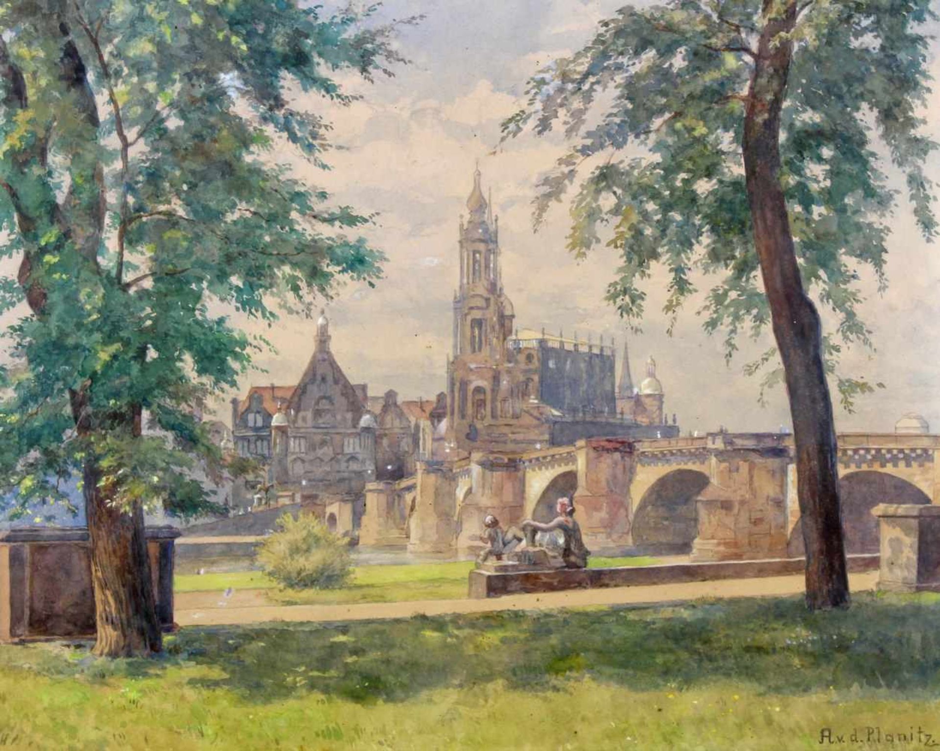 Planitz, Ada von der (1880 - 1936, Landschaftsmalerin), Aquarell, "Blick auf Dresden", signiert