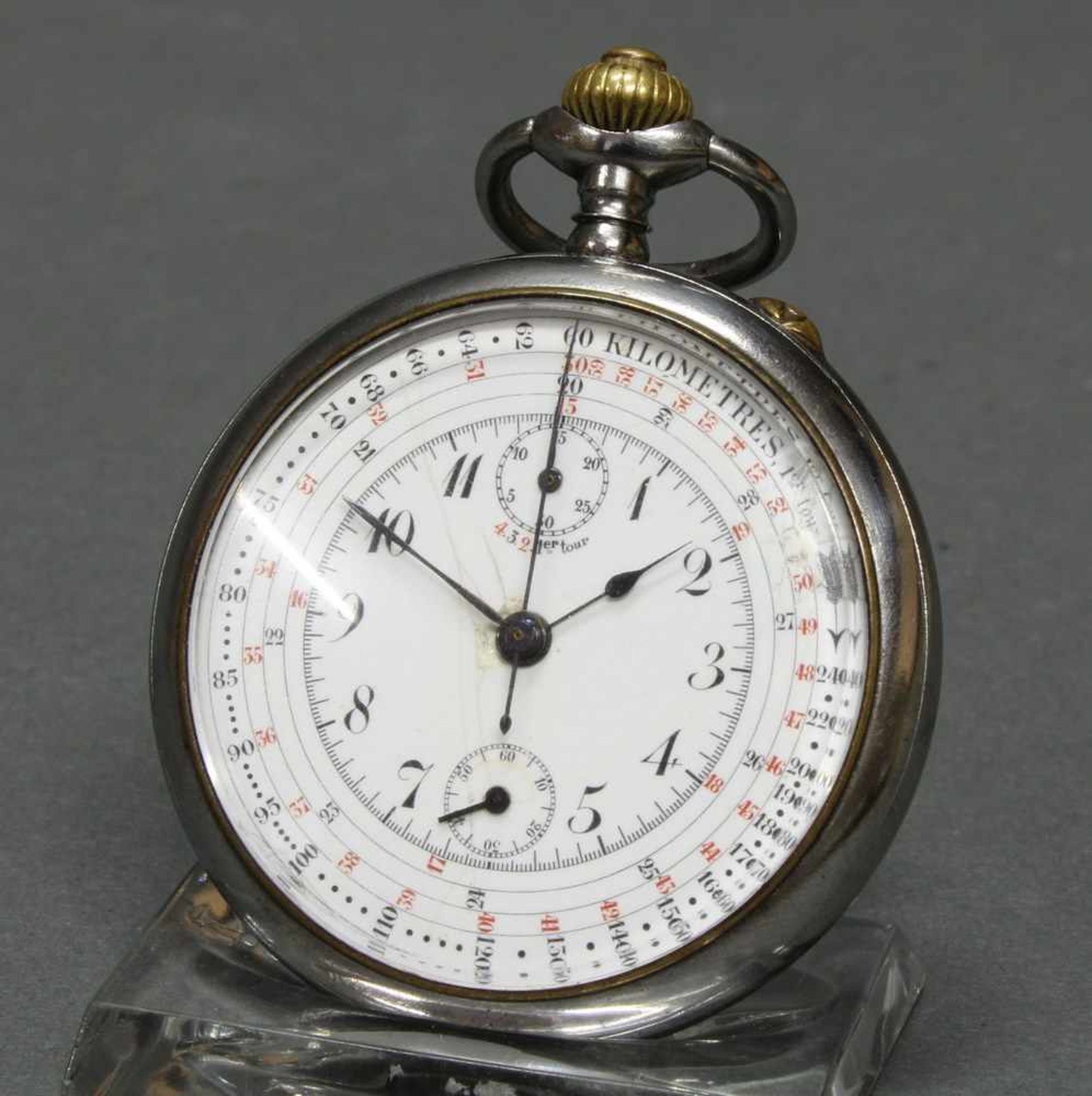 Herrentaschenuhr, Chronograph, Nickelgehäuse, weißes Emailzifferblatt, arabische Stundenziffern - Bild 2 aus 4