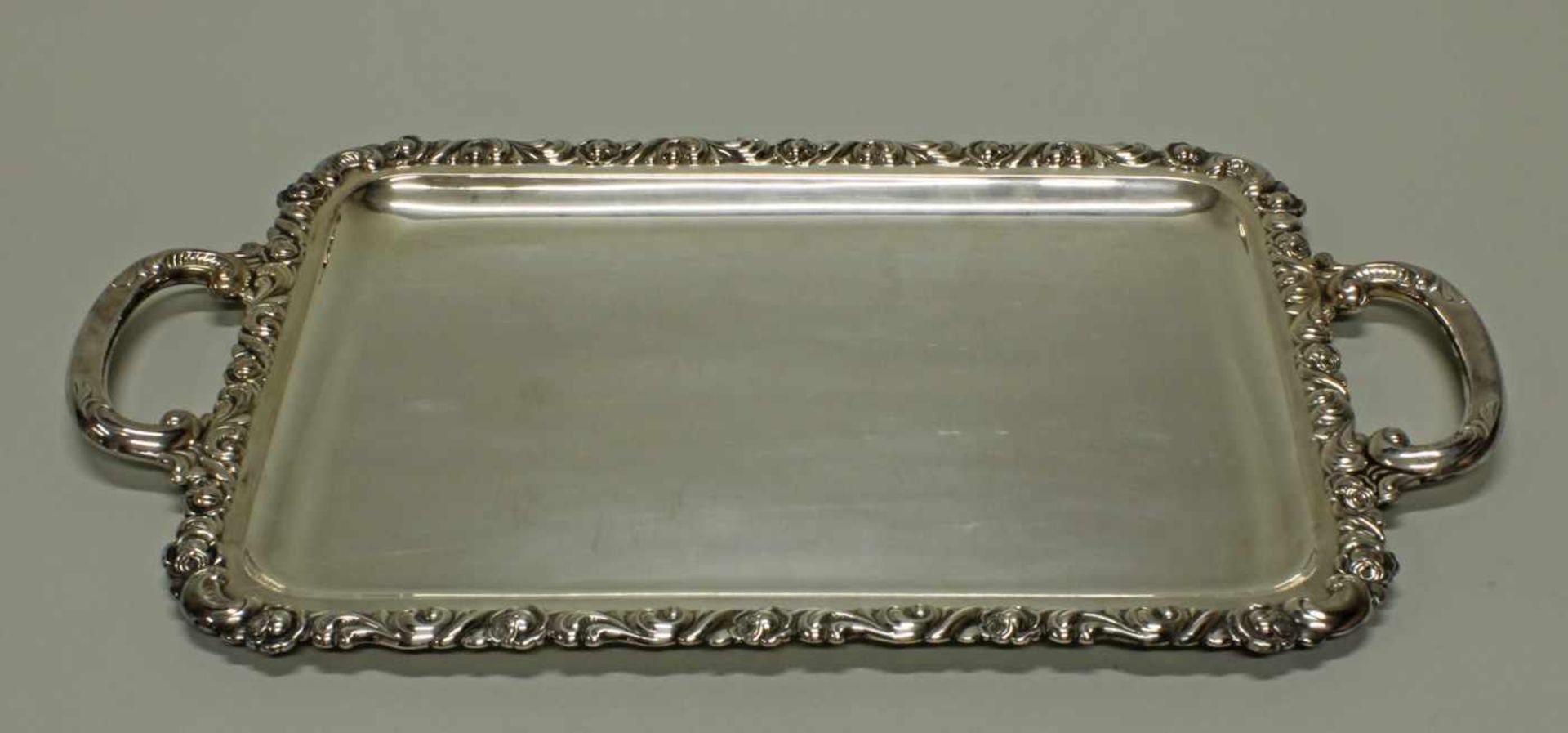 Tablett, Silber 925, Emil Hermann, rechteckig, Reliefrand mit Rosen und Ranken, zwei Handhaben, 53 x