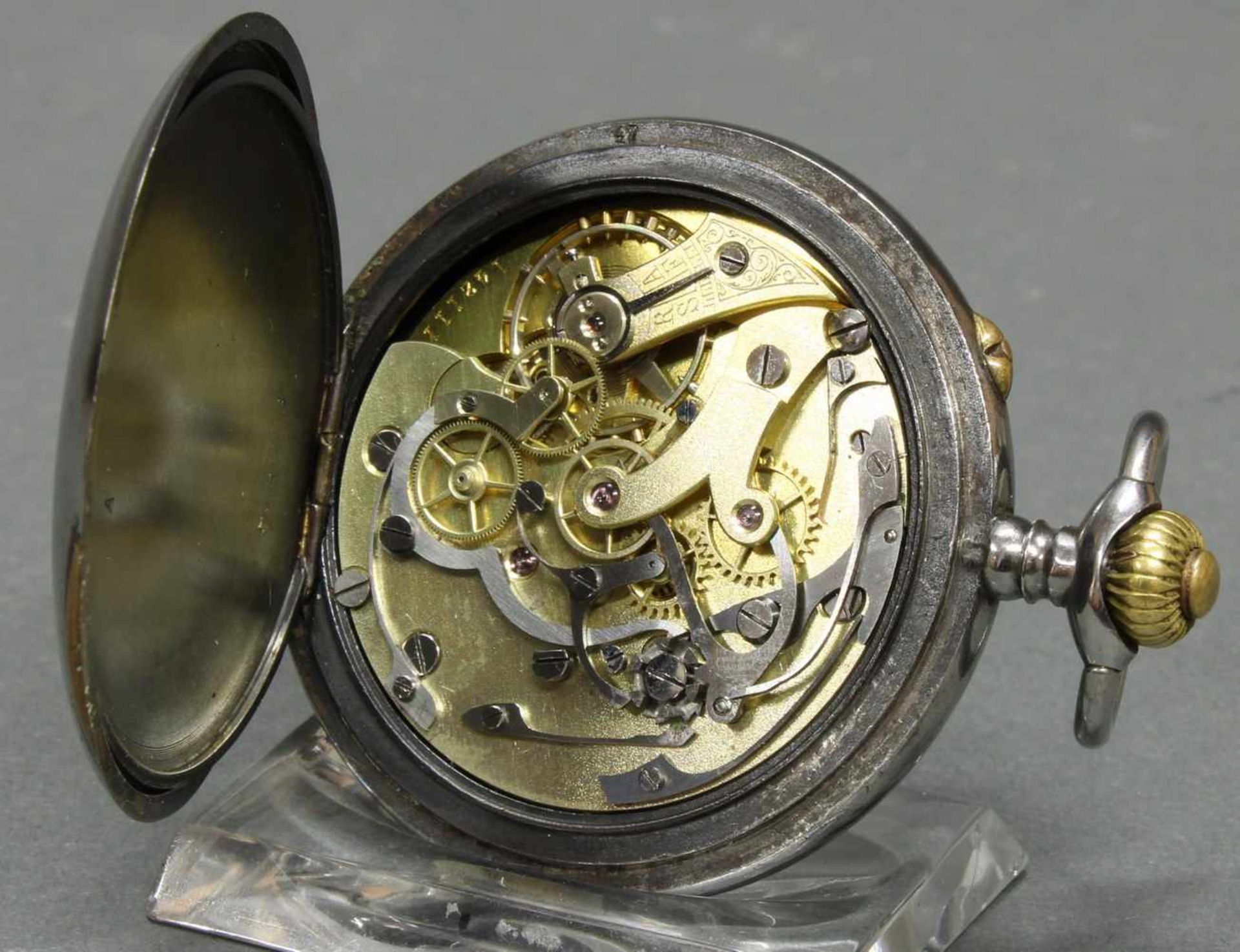 Herrentaschenuhr, Chronograph, Nickelgehäuse, weißes Emailzifferblatt, arabische Stundenziffern - Bild 3 aus 4