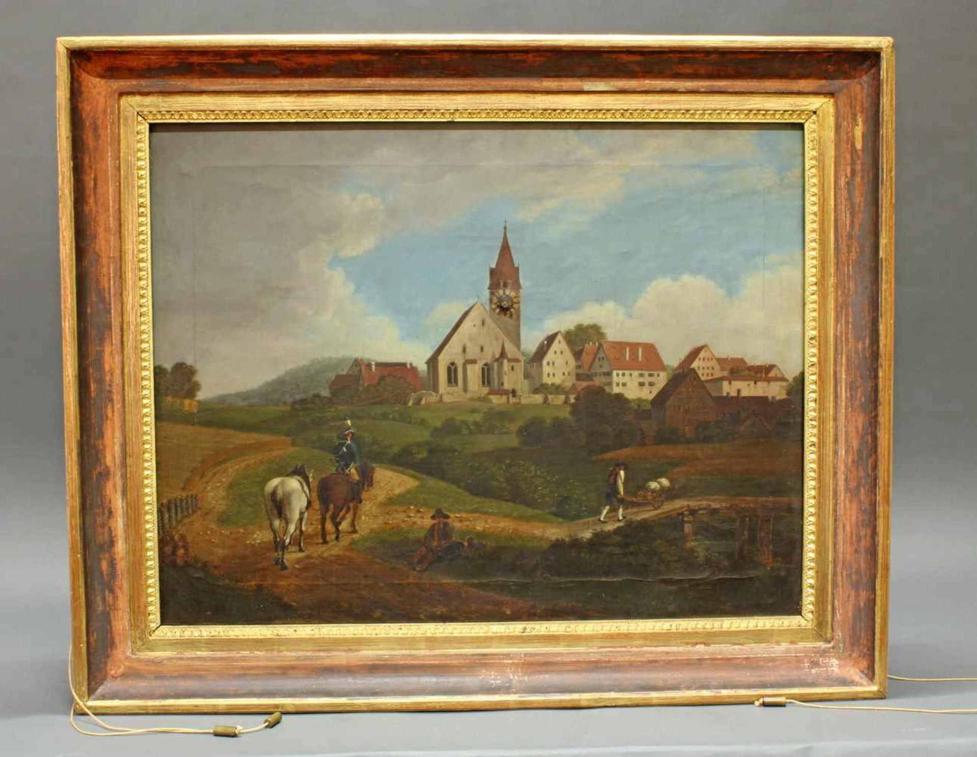 Bilderuhr, "Fränkische Dorfansicht mit Kirche", süddeutsch, um 1817, Öl auf Leinwand, signiert und