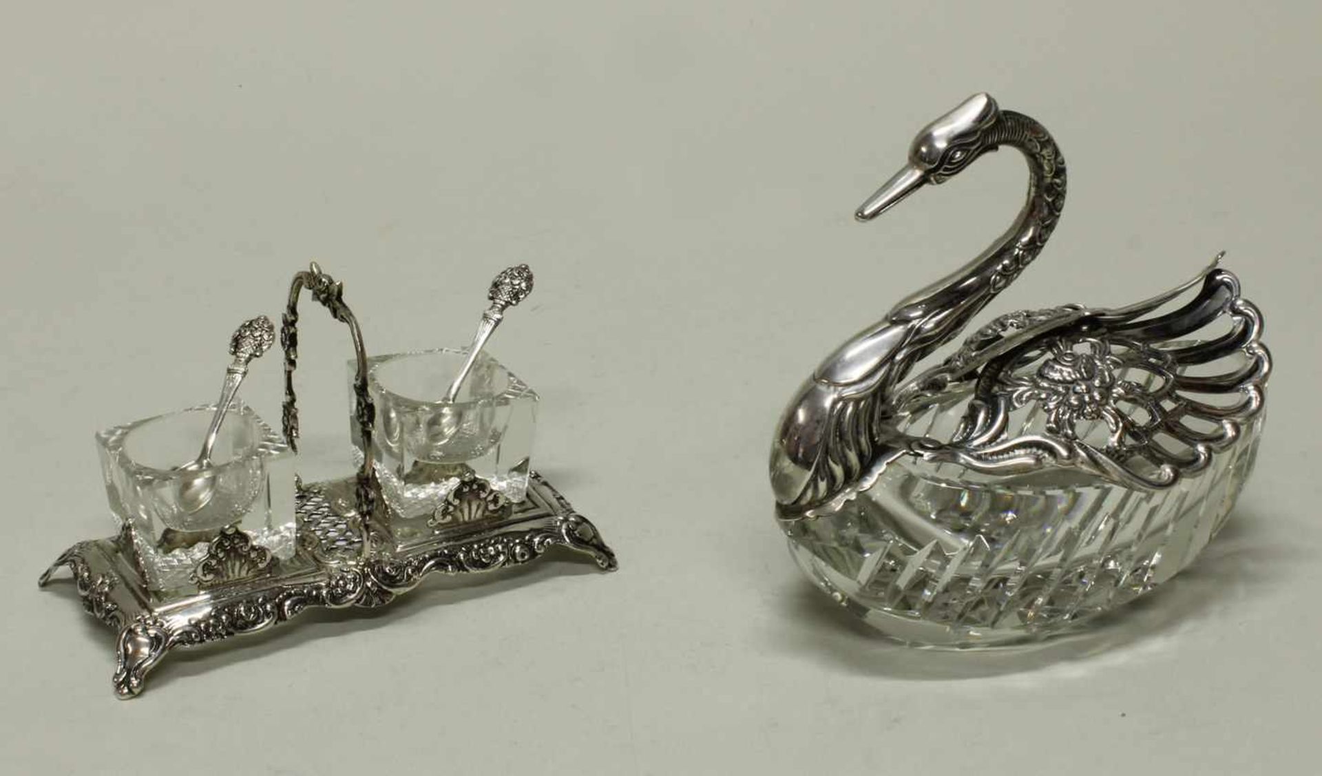 Schale, "Schwan", Silber 835, Korpus aus farblosem Kristallglas, Montierung aus Silber, Flügel
